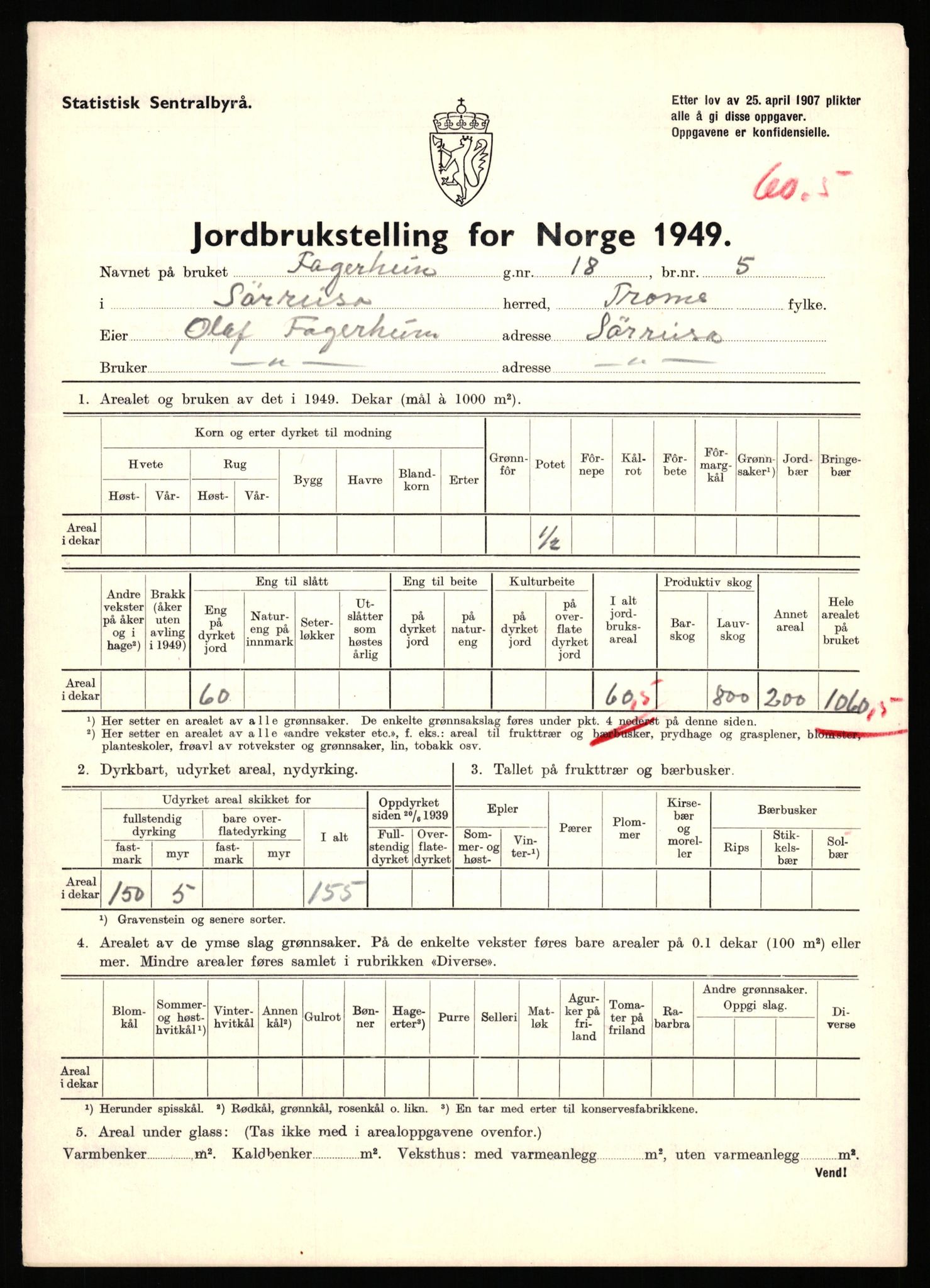 Statistisk sentralbyrå, Næringsøkonomiske emner, Jordbruk, skogbruk, jakt, fiske og fangst, AV/RA-S-2234/G/Gc/L0440: Troms: Sørreisa og Dyrøy, 1949, p. 804