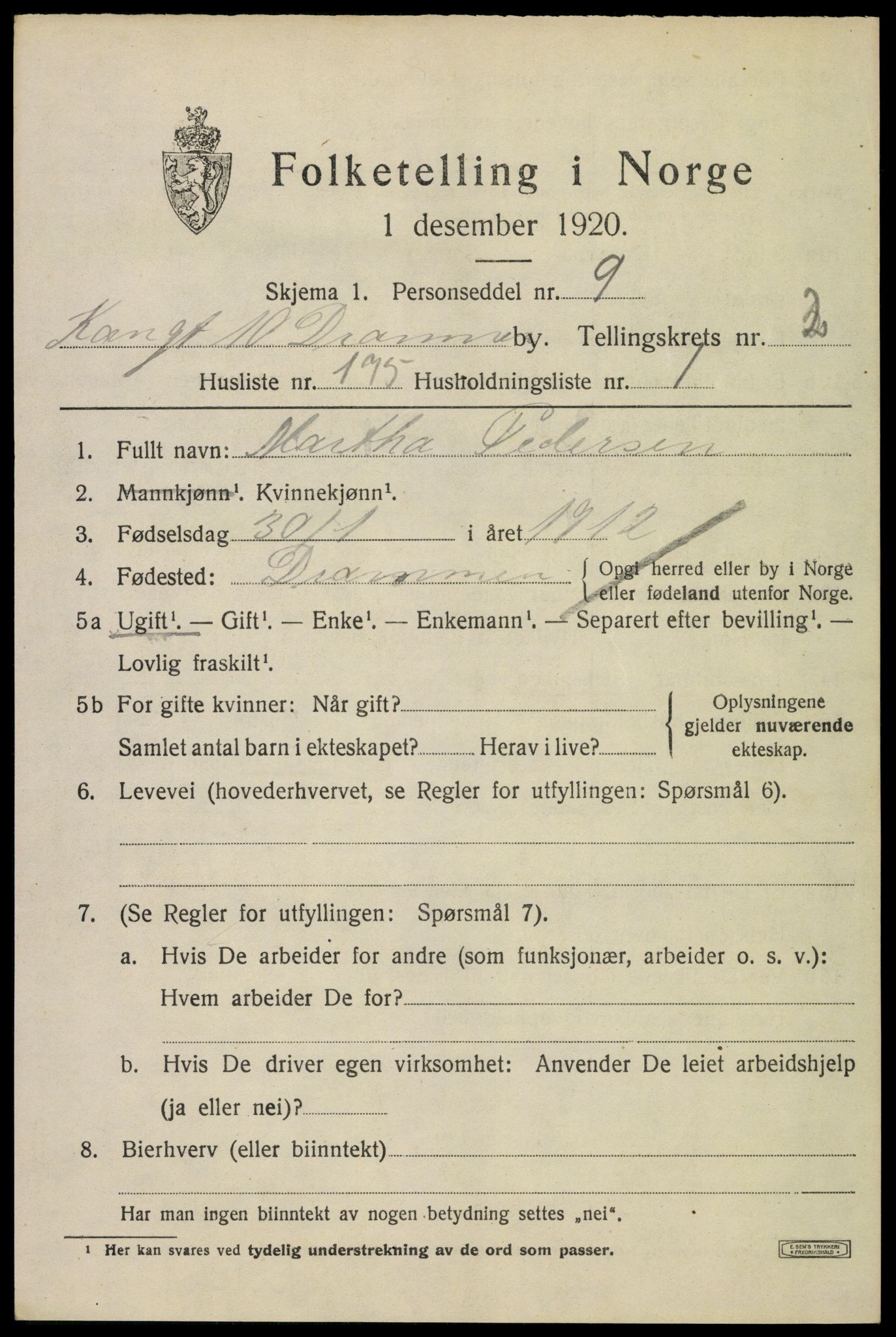 SAKO, 1920 census for Drammen, 1920, p. 28847