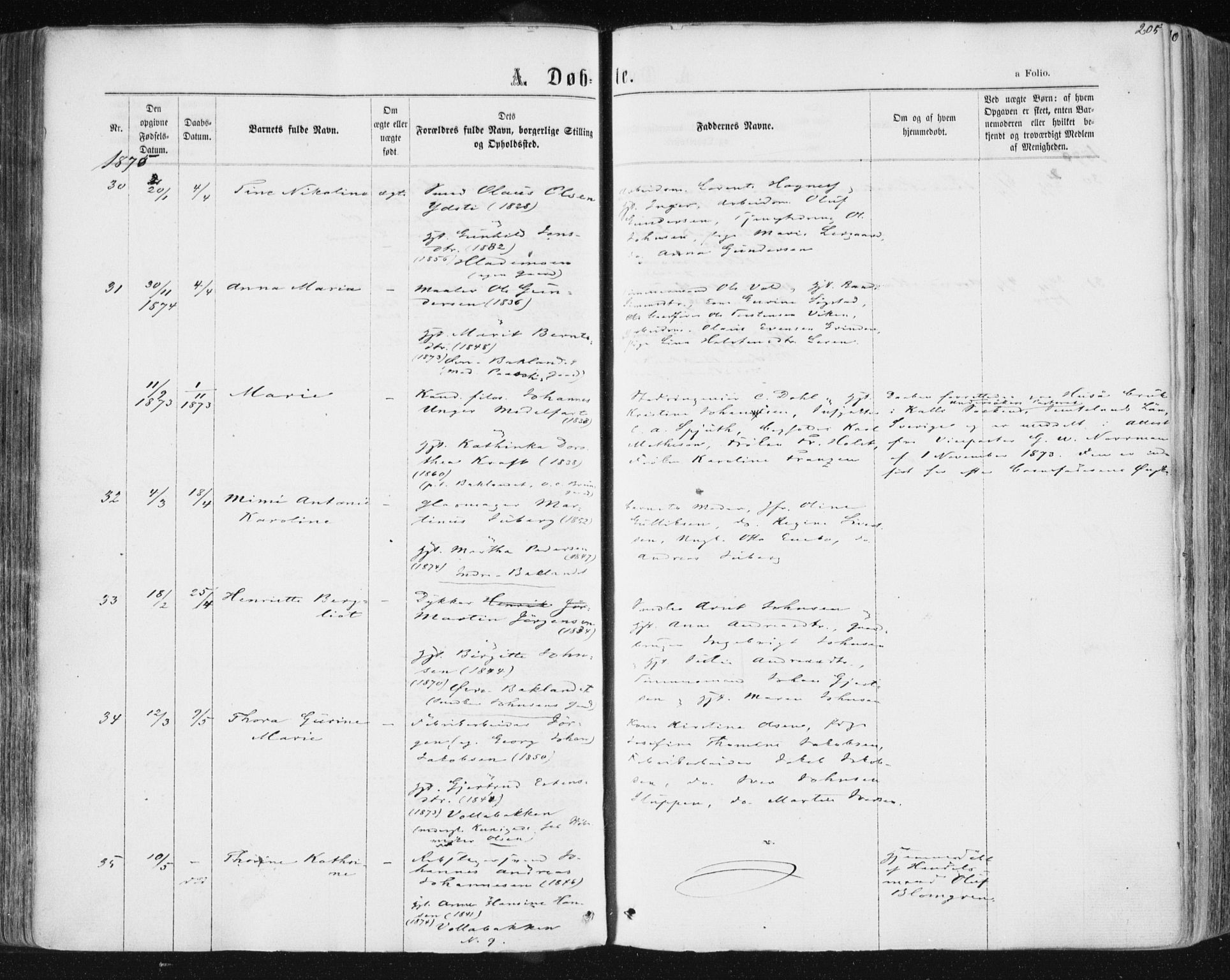 Ministerialprotokoller, klokkerbøker og fødselsregistre - Sør-Trøndelag, AV/SAT-A-1456/604/L0186: Parish register (official) no. 604A07, 1866-1877, p. 205