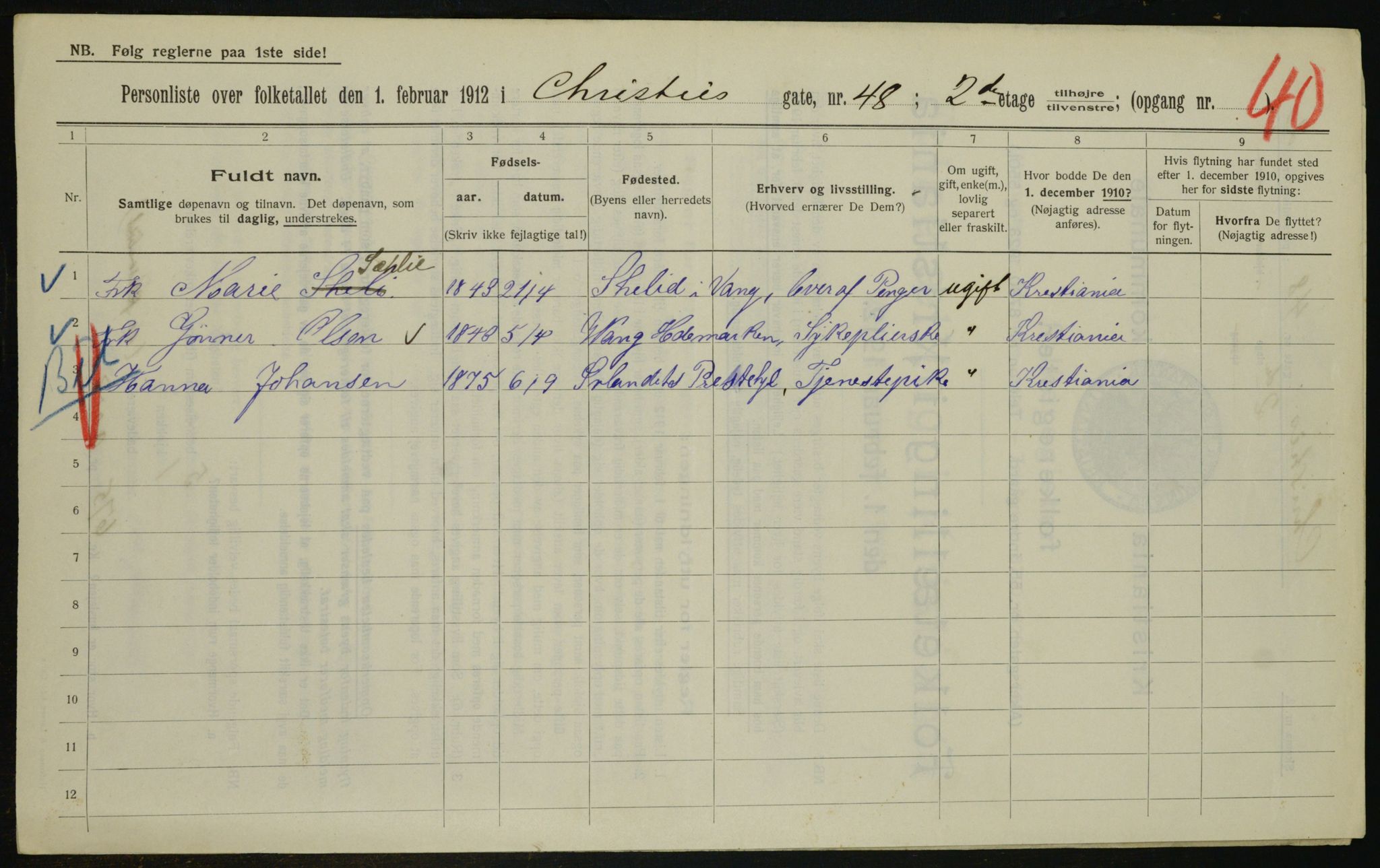 OBA, Municipal Census 1912 for Kristiania, 1912, p. 12607