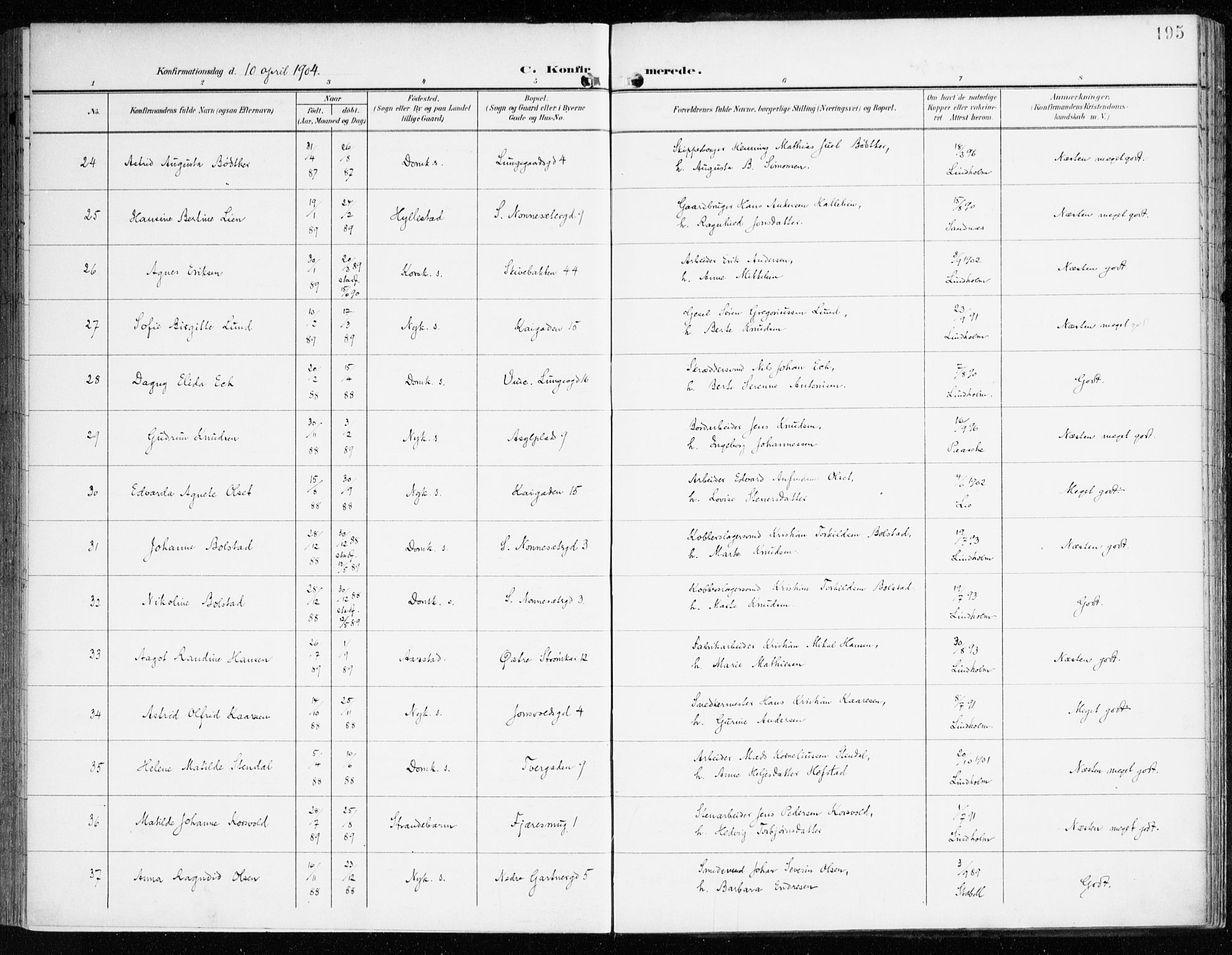 Domkirken sokneprestembete, AV/SAB-A-74801/H/Haa/L0031: Parish register (official) no. C 6, 1898-1915, p. 195