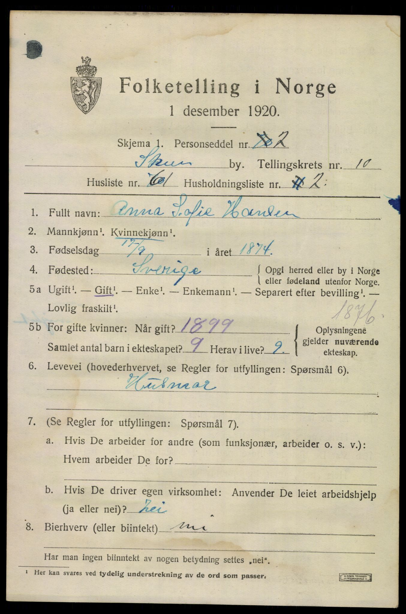 SAKO, 1920 census for Skien, 1920, p. 33128