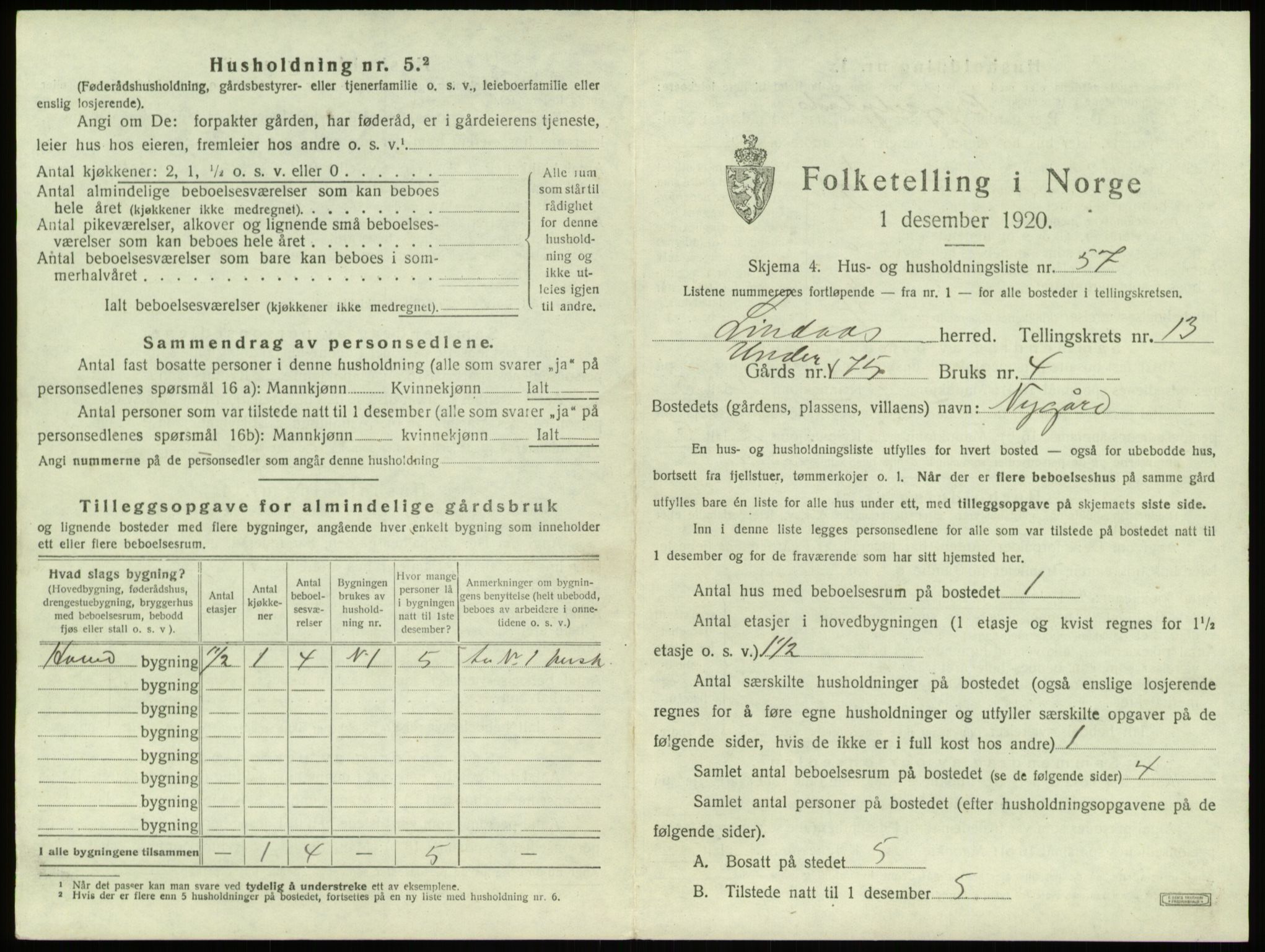 SAB, 1920 census for Lindås, 1920, p. 937