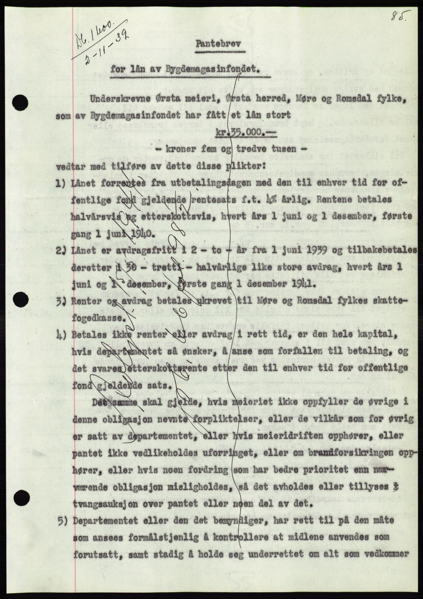 Søre Sunnmøre sorenskriveri, AV/SAT-A-4122/1/2/2C/L0069: Mortgage book no. 63, 1939-1940, Diary no: : 1600/1939