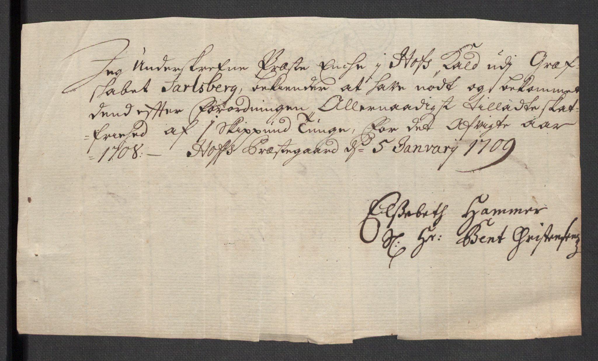 Rentekammeret inntil 1814, Reviderte regnskaper, Fogderegnskap, AV/RA-EA-4092/R32/L1873: Fogderegnskap Jarlsberg grevskap, 1708, p. 265