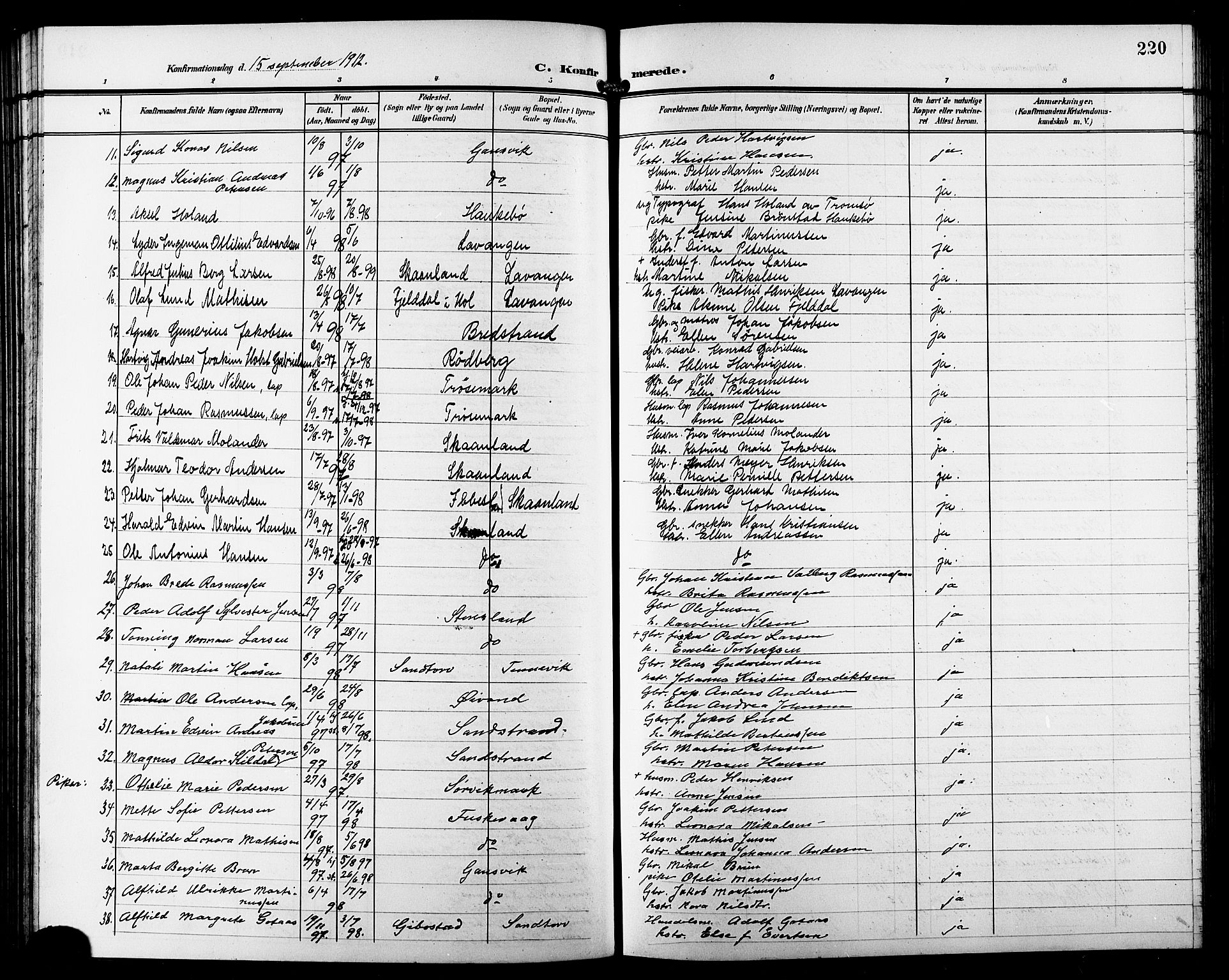 Trondenes sokneprestkontor, AV/SATØ-S-1319/H/Hb/L0012klokker: Parish register (copy) no. 12, 1907-1916, p. 220