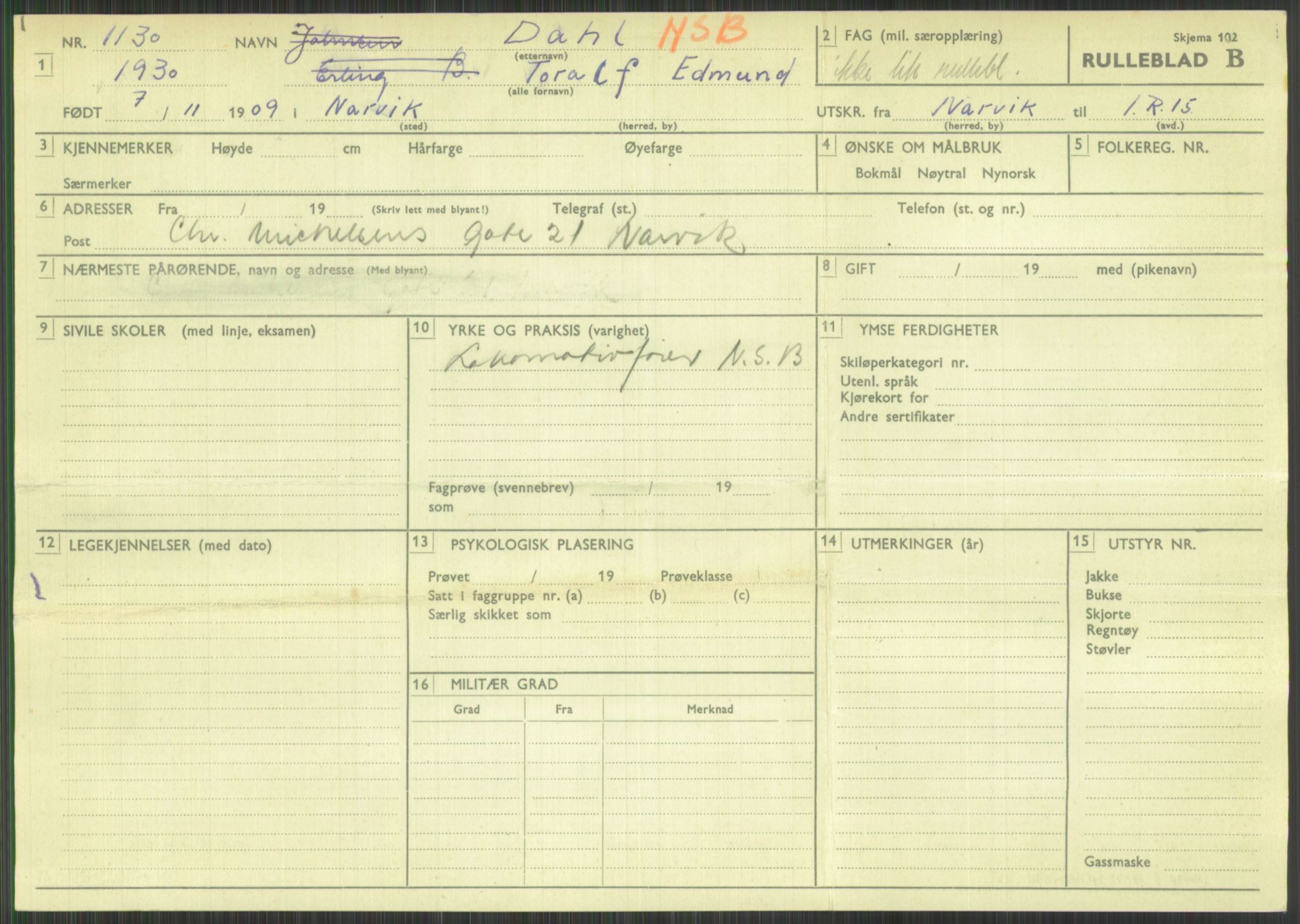 Forsvaret, Troms infanteriregiment nr. 16, AV/RA-RAFA-3146/P/Pa/L0014: Rulleblad for regimentets menige mannskaper, årsklasse 1930, 1930, p. 95