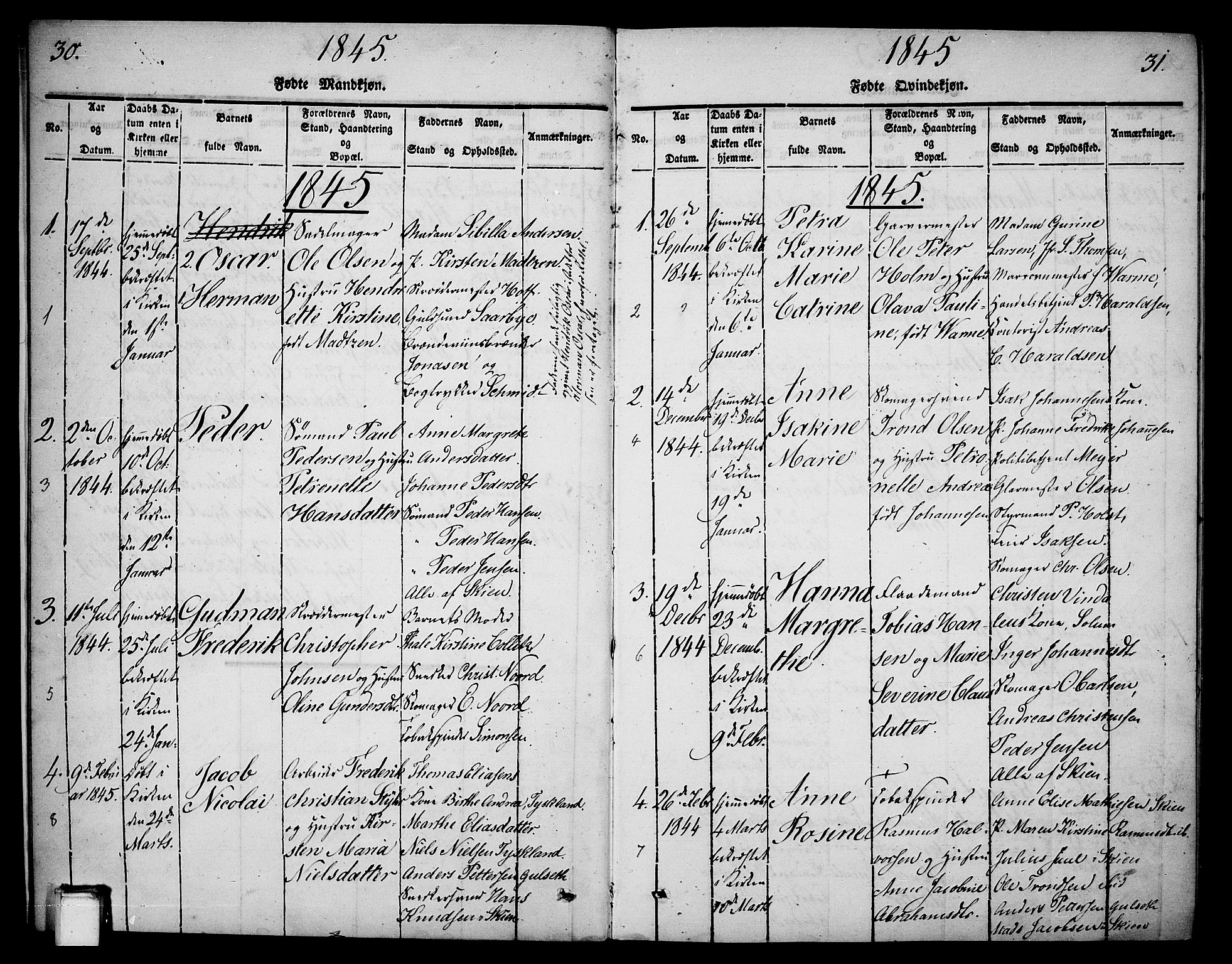 Skien kirkebøker, AV/SAKO-A-302/G/Ga/L0003: Parish register (copy) no. 3, 1843-1847, p. 30-31