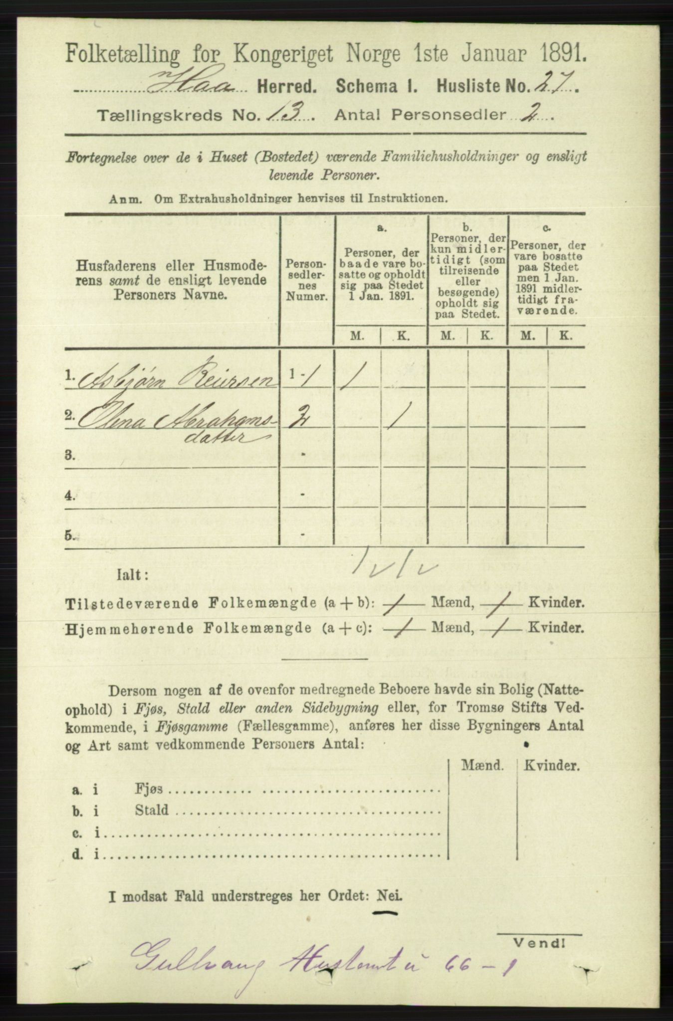 RA, 1891 census for 1119 Hå, 1891, p. 3151