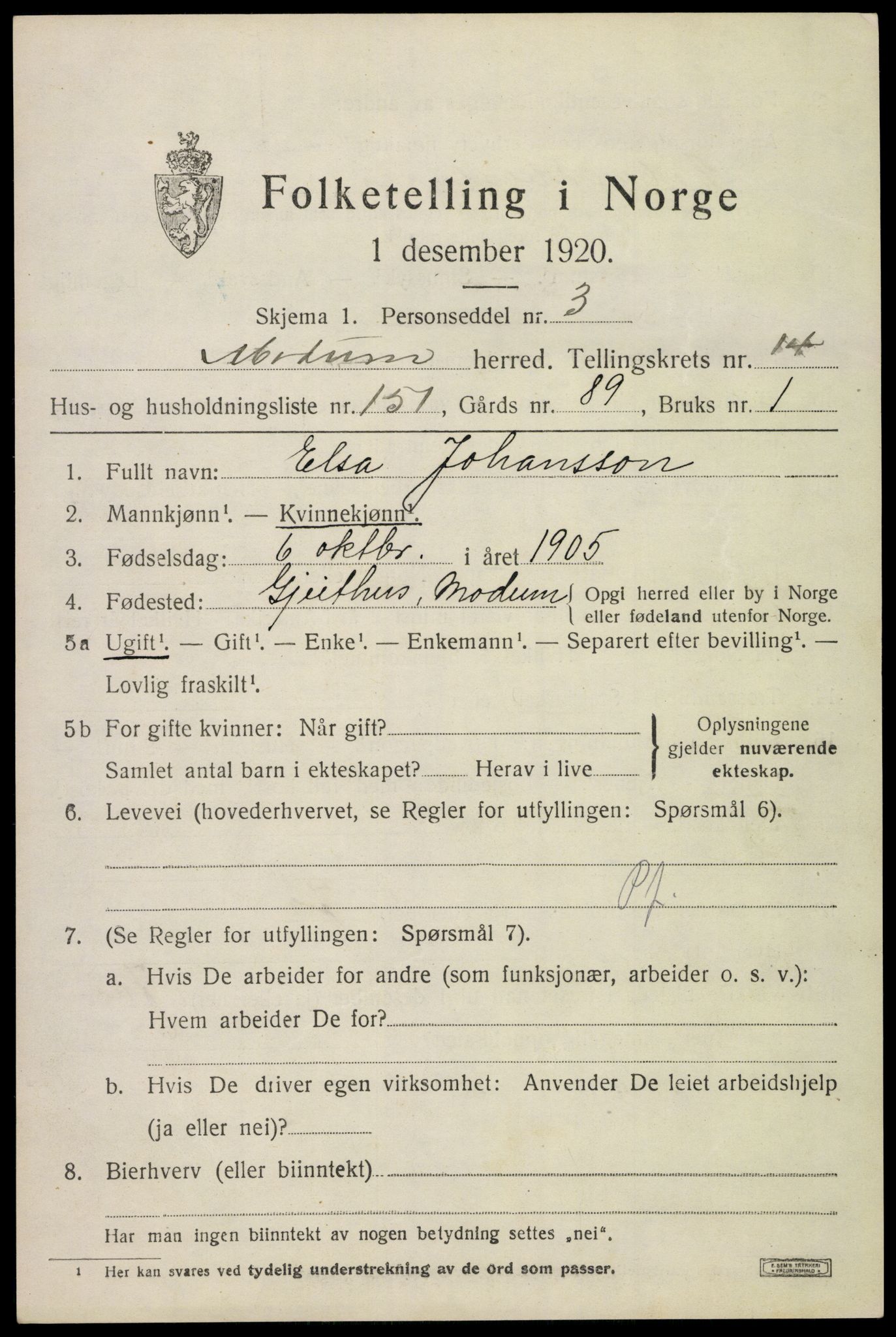 SAKO, 1920 census for Modum, 1920, p. 17951