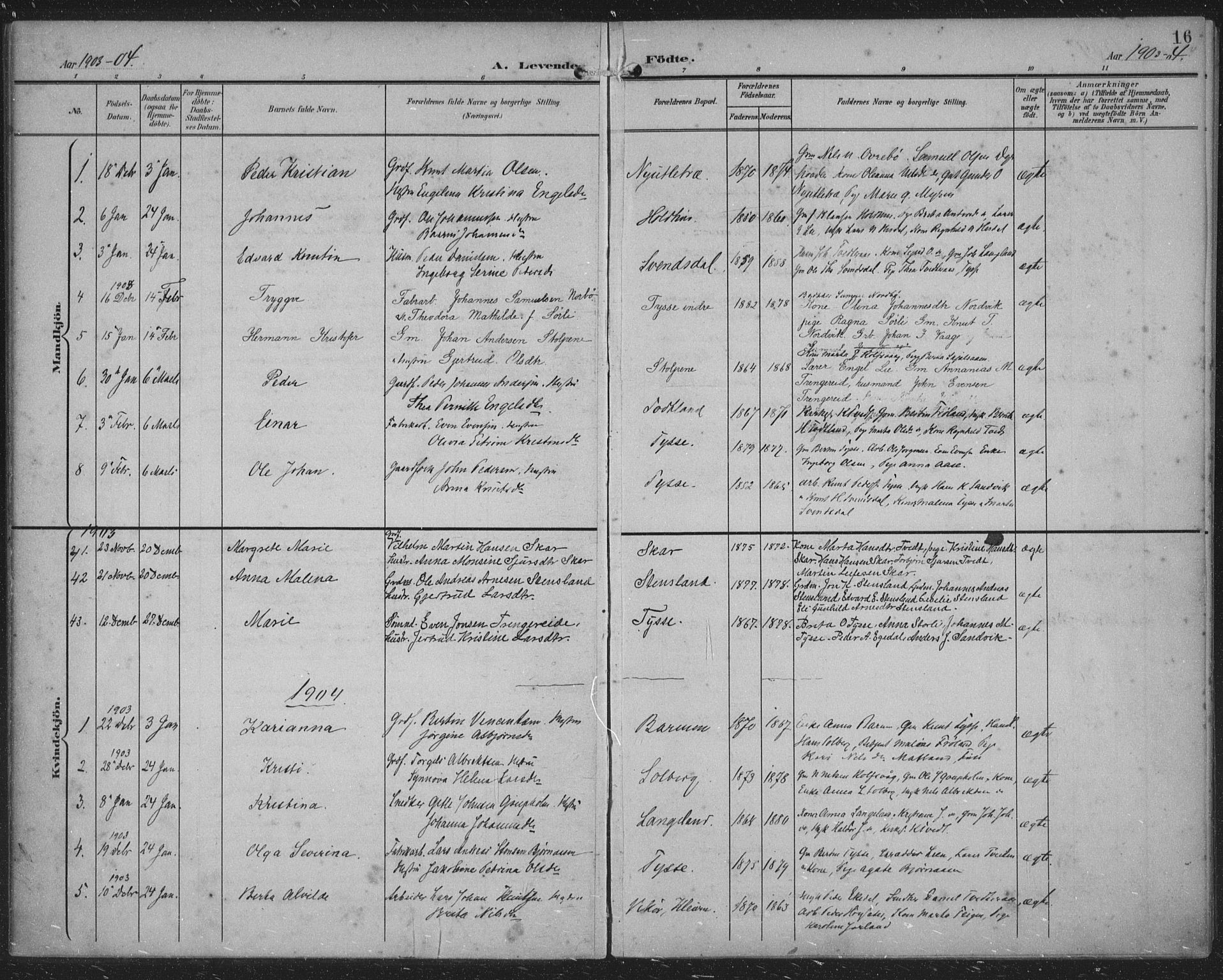 Samnanger Sokneprestembete, SAB/A-77501/H/Haa: Parish register (official) no. A 2, 1902-1918, p. 16
