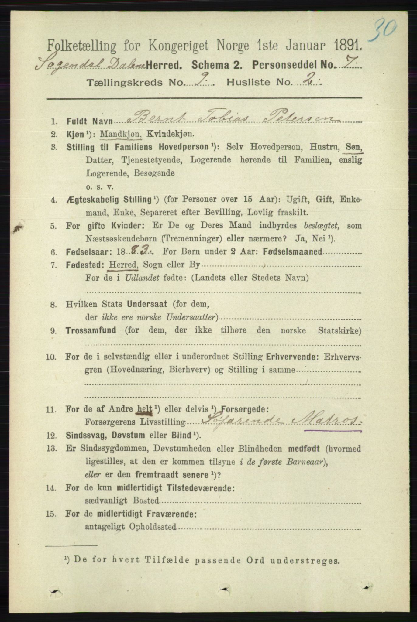 RA, 1891 census for 1111 Sokndal, 1891, p. 3169