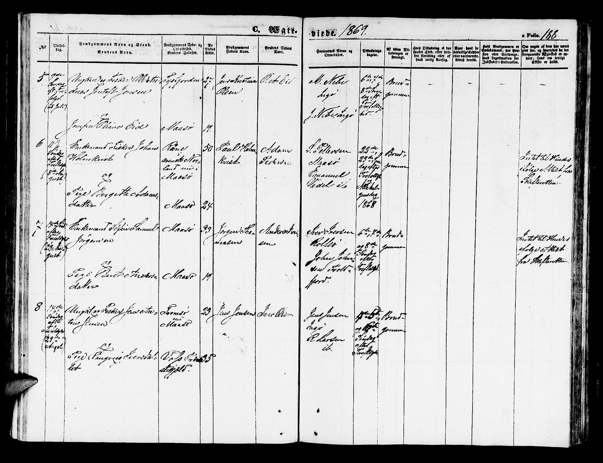 Måsøy sokneprestkontor, AV/SATØ-S-1348/H/Hb/L0001klokker: Parish register (copy) no. 1, 1852-1877, p. 188