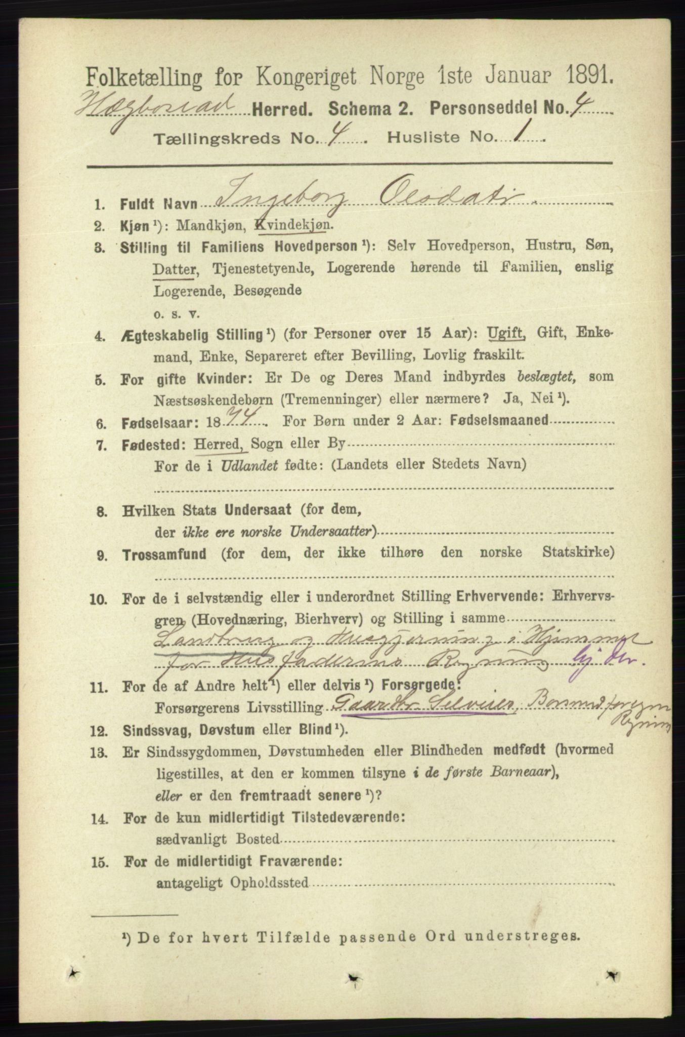 RA, 1891 census for 1034 Hægebostad, 1891, p. 1193