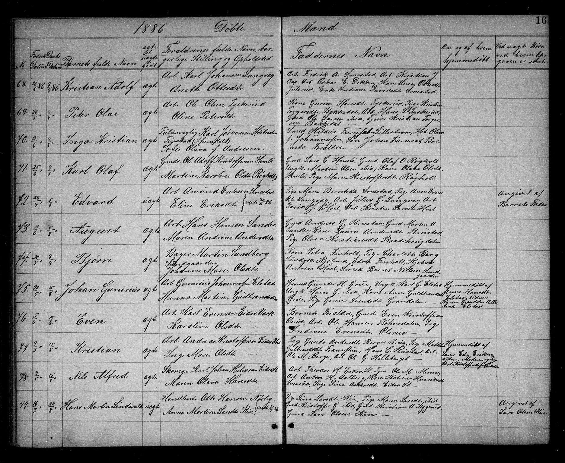 Eidsvoll prestekontor Kirkebøker, AV/SAO-A-10888/G/Ga/L0005: Parish register (copy) no. I 5, 1884-1894, p. 16