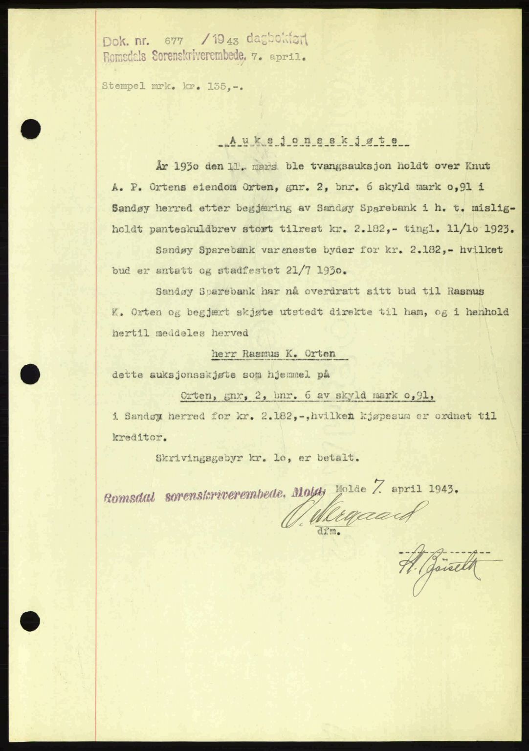 Romsdal sorenskriveri, AV/SAT-A-4149/1/2/2C: Mortgage book no. A14, 1943-1943, Diary no: : 677/1943