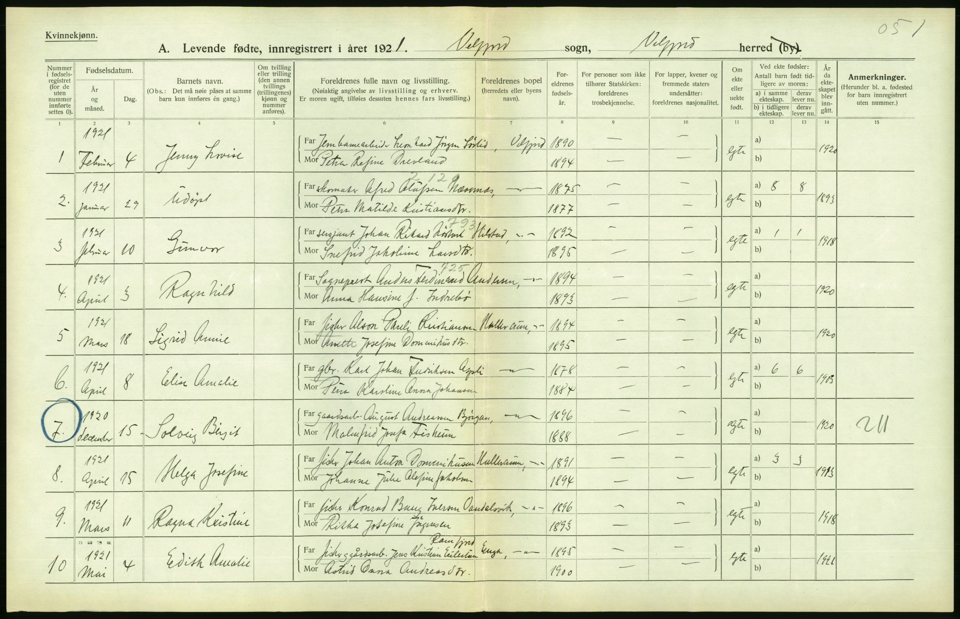 Statistisk sentralbyrå, Sosiodemografiske emner, Befolkning, AV/RA-S-2228/D/Df/Dfc/Dfca/L0049: Nordland fylke: Levendefødte menn og kvinner. Bygder., 1921, p. 34