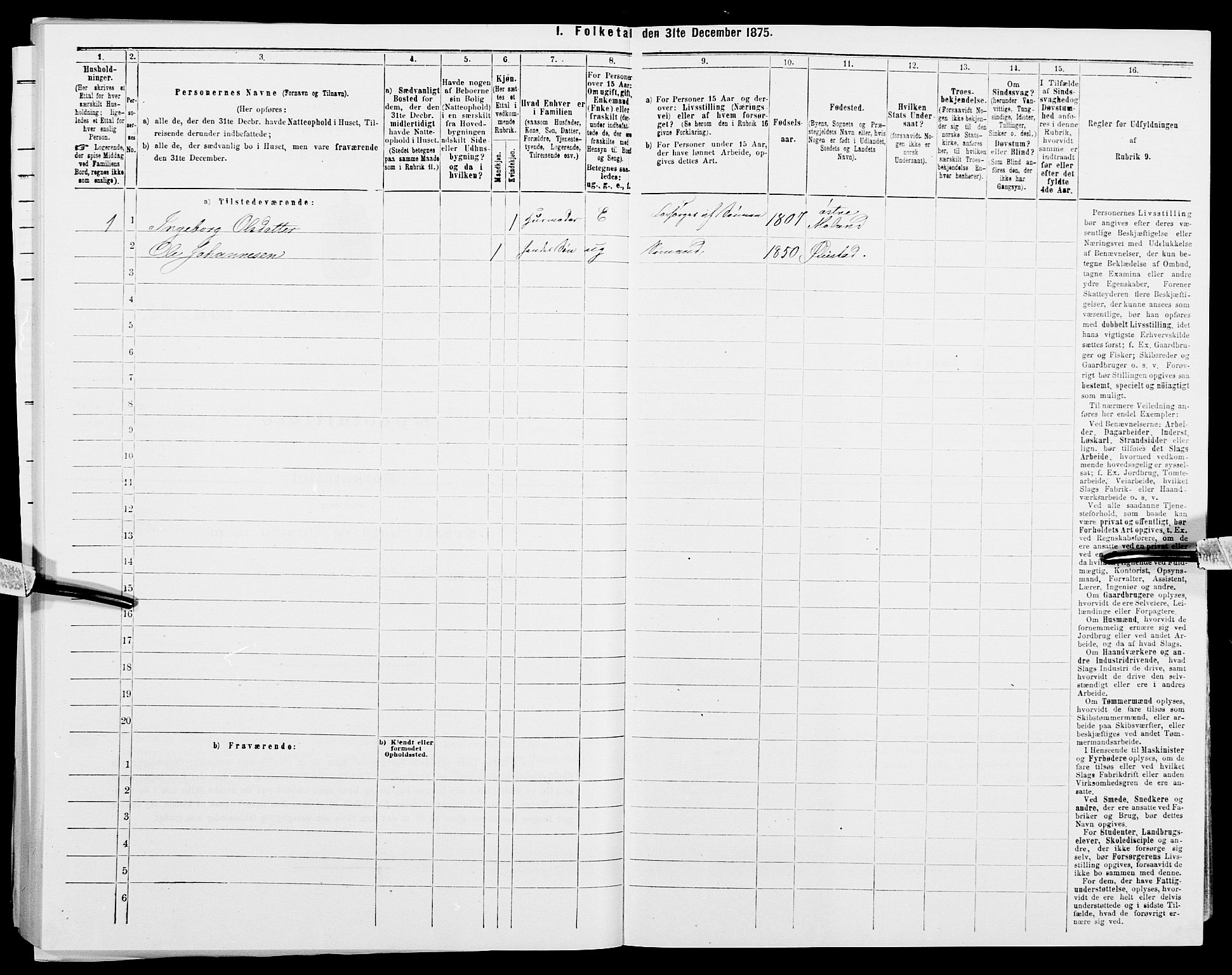 SAK, 1875 census for 0920P Øyestad, 1875, p. 1112