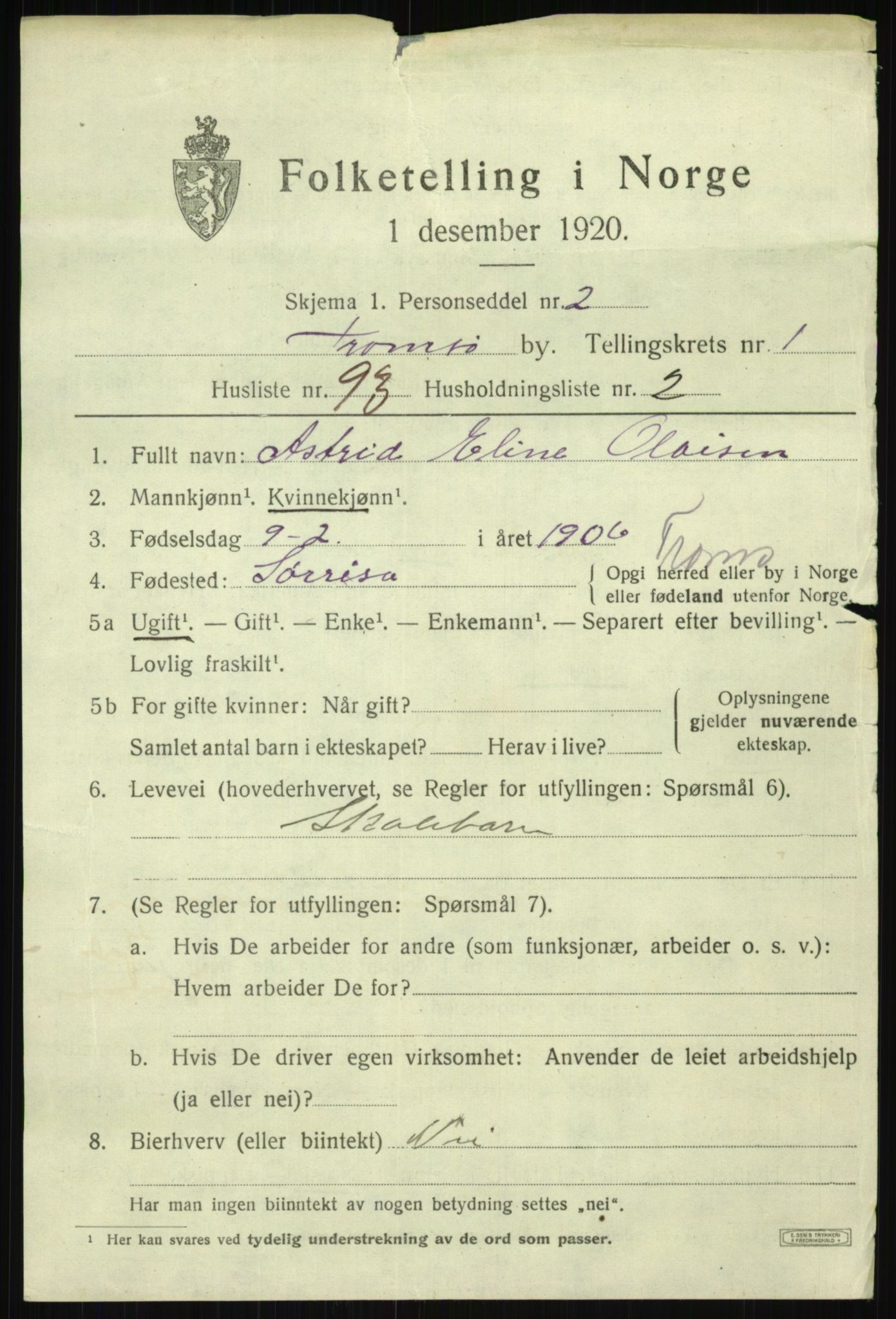 SATØ, 1920 census for Tromsø, 1920, p. 8729