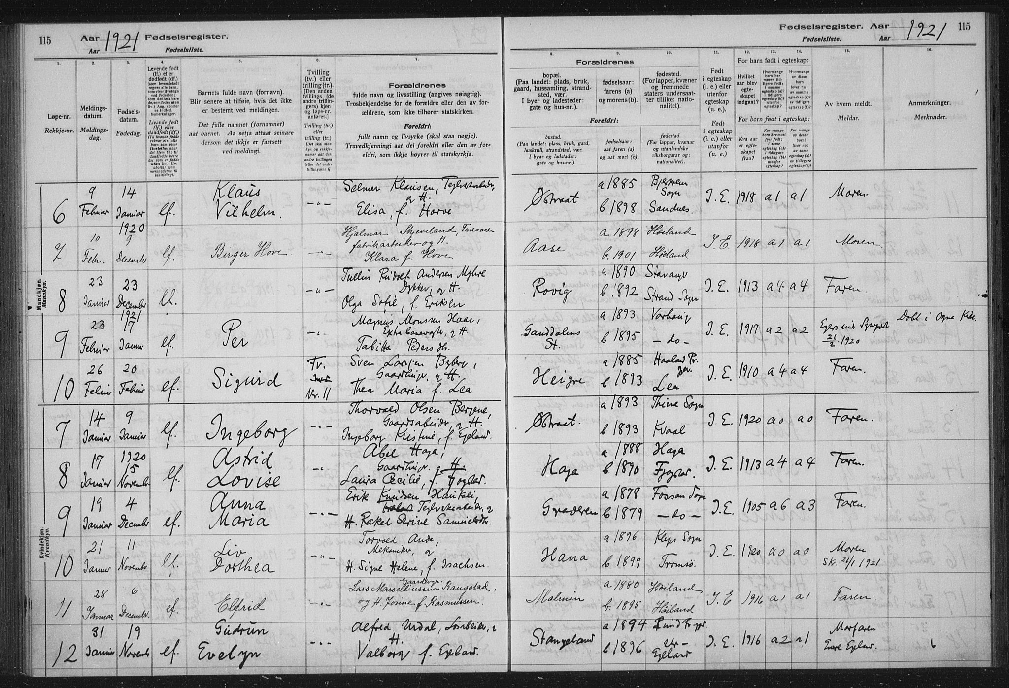 Høyland sokneprestkontor, SAST/A-101799/002/O/L0001: Birth register no. 1, 1916-1924, p. 115