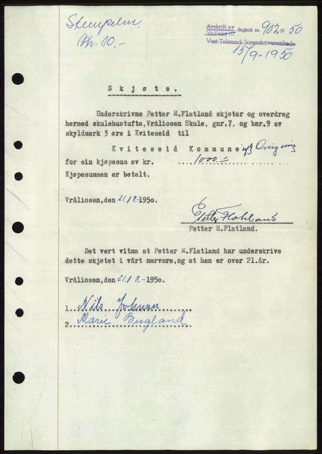 Vest-Telemark sorenskriveri, AV/SAKO-A-134/G/Ga/Gac/L0011: Mortgage book no. A-11, 1950-1950, Diary no: : 902/1950