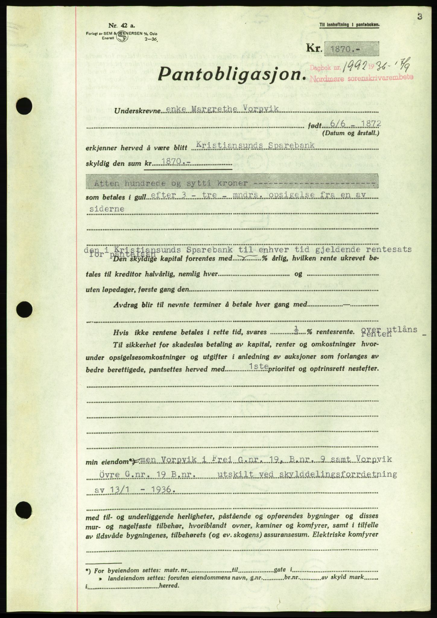 Nordmøre sorenskriveri, AV/SAT-A-4132/1/2/2Ca/L0090: Mortgage book no. B80, 1936-1937, Diary no: : 1992/1936