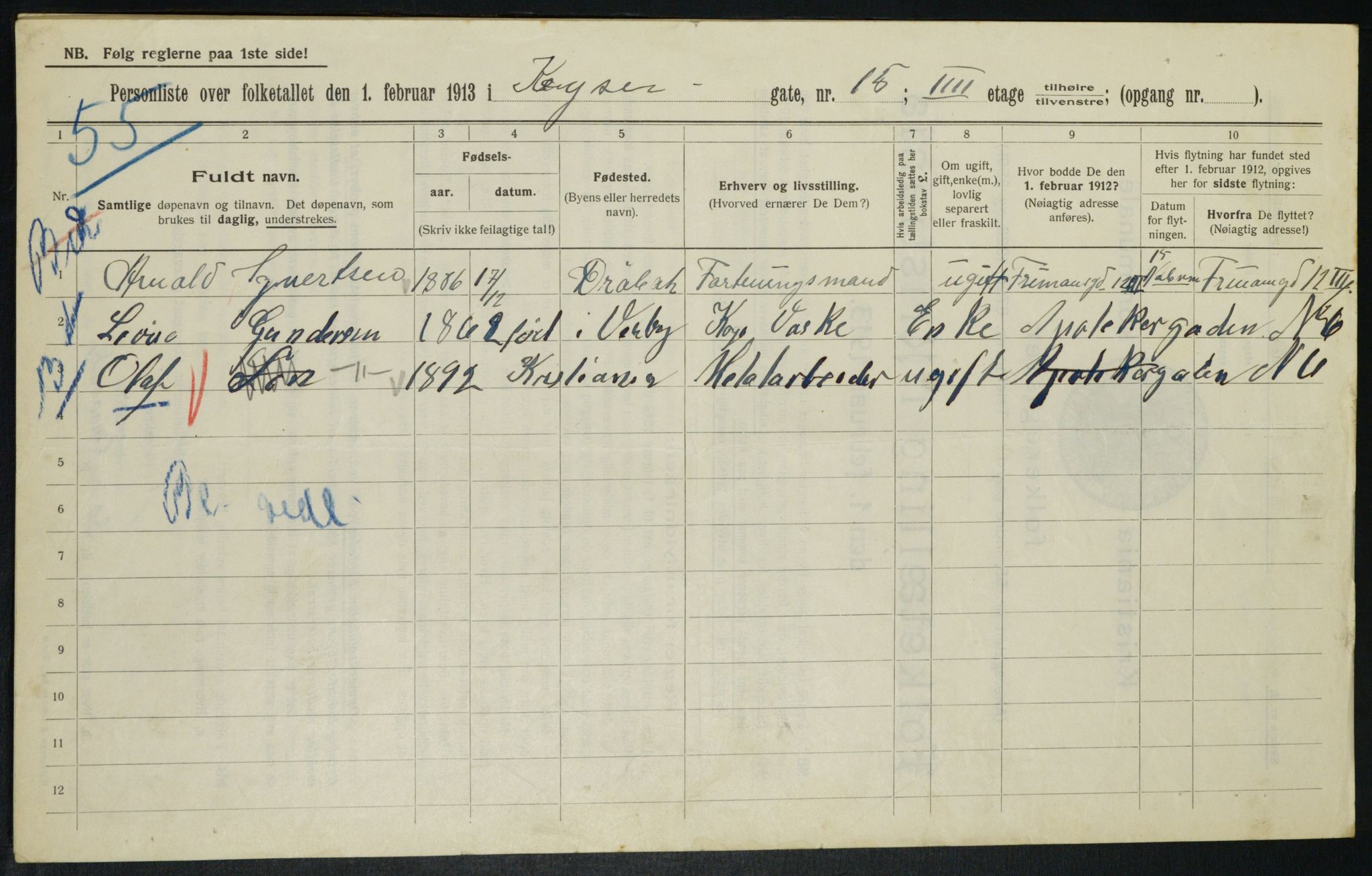 OBA, Municipal Census 1913 for Kristiania, 1913, p. 49155