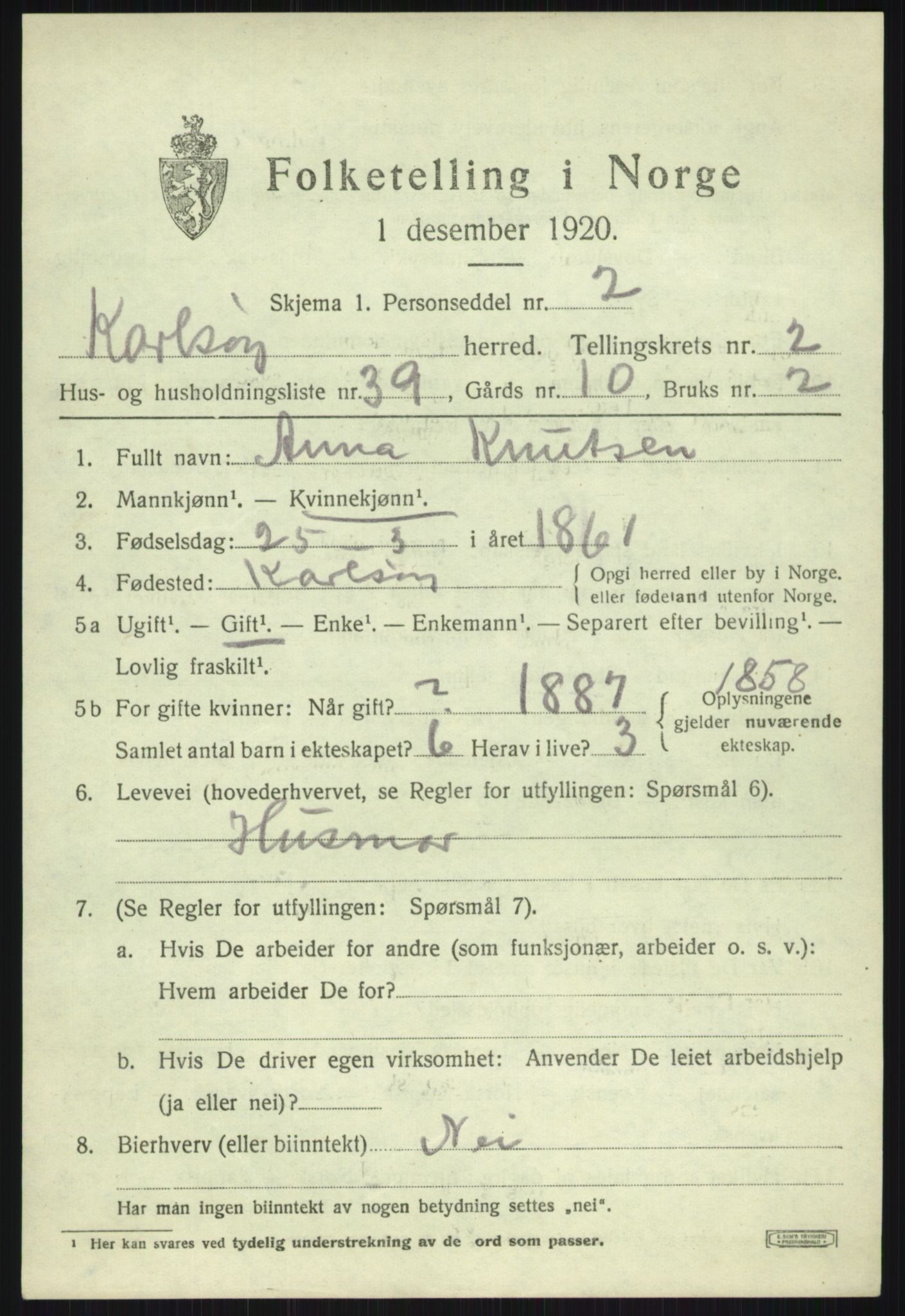 SATØ, 1920 census for Karlsøy, 1920, p. 1709