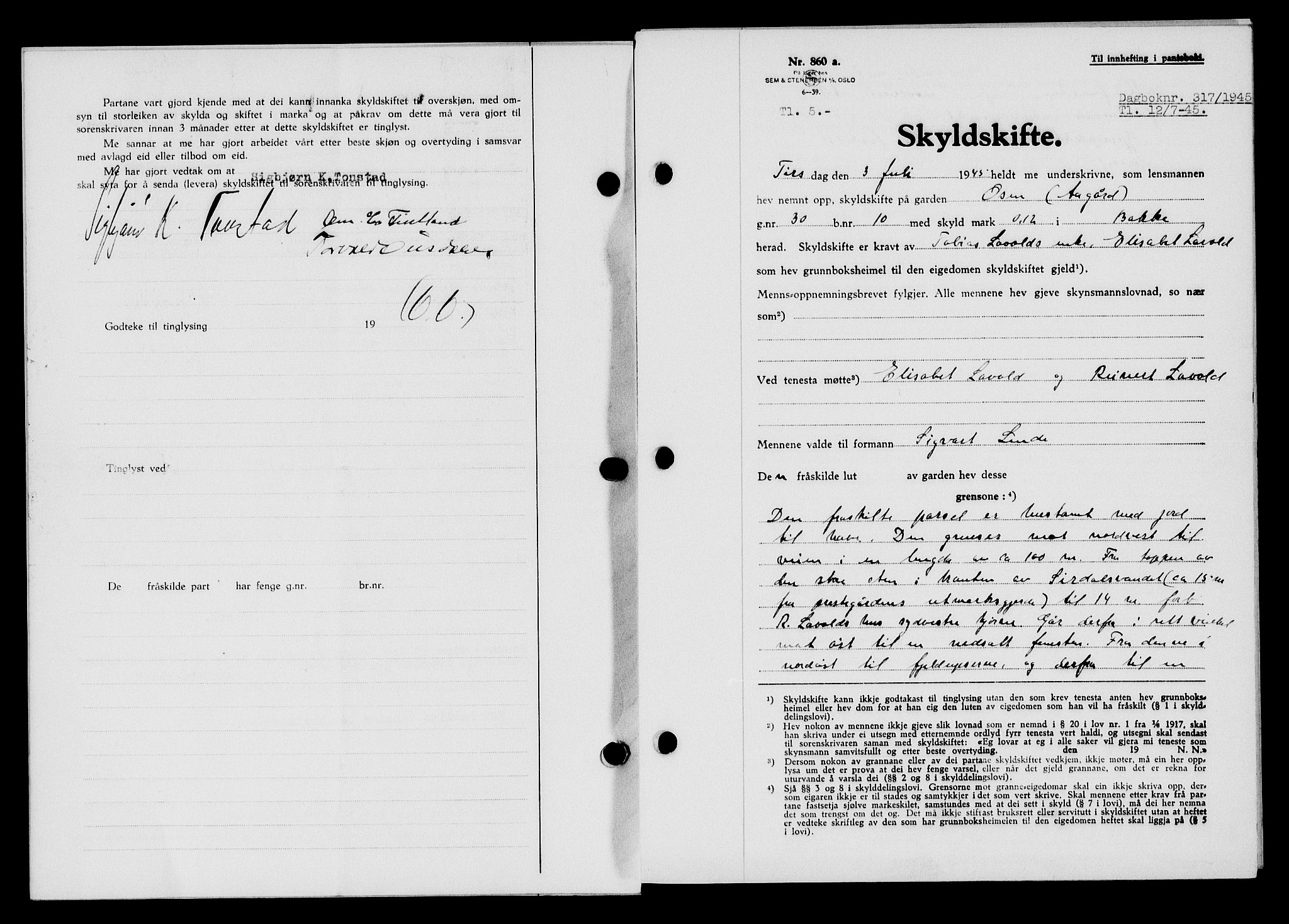 Flekkefjord sorenskriveri, SAK/1221-0001/G/Gb/Gba/L0059: Mortgage book no. A-7, 1944-1945, Diary no: : 317/1945