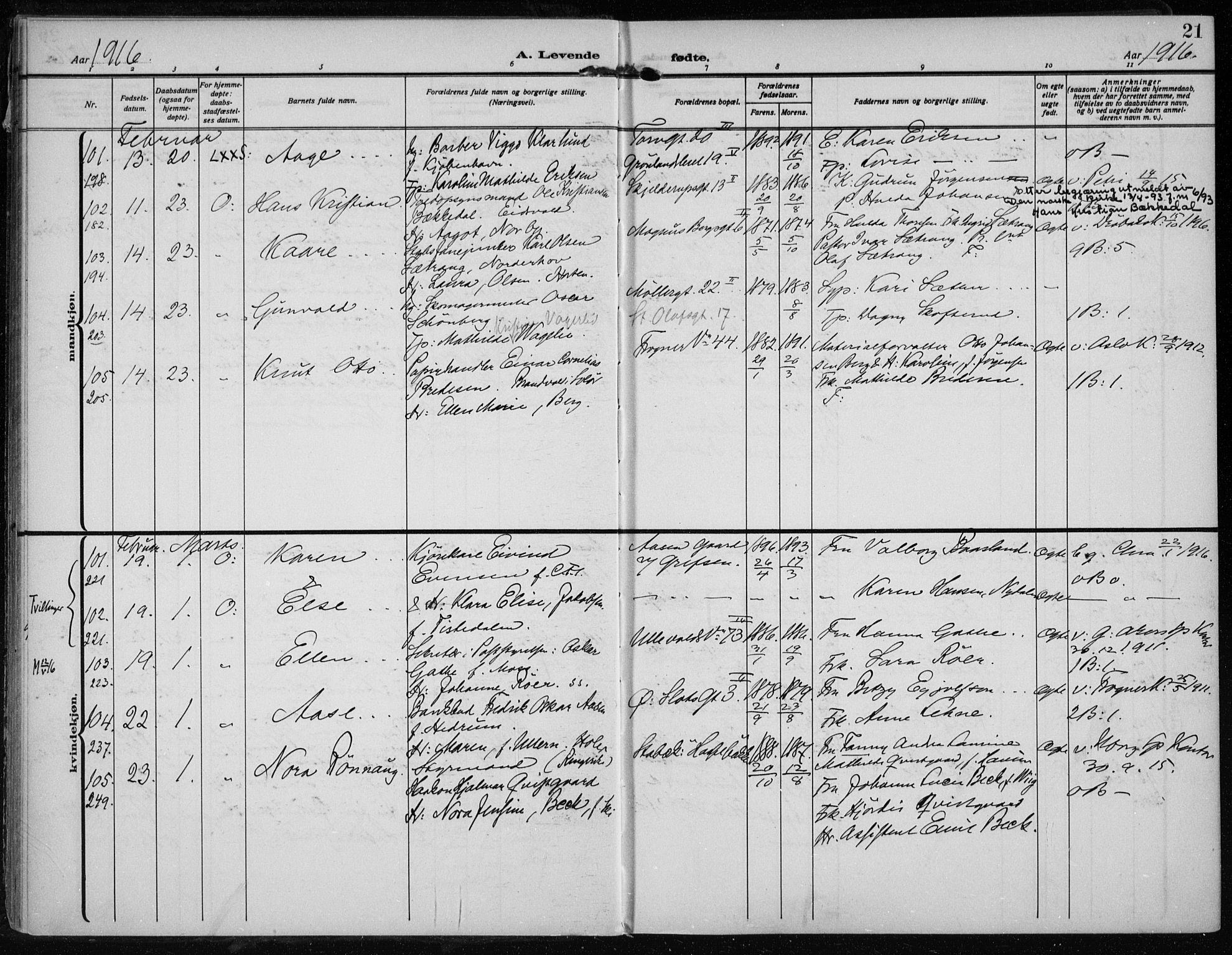 Rikshospitalet prestekontor Kirkebøker, AV/SAO-A-10309b/F/L0016: Parish register (official) no. 16, 1916-1918, p. 21