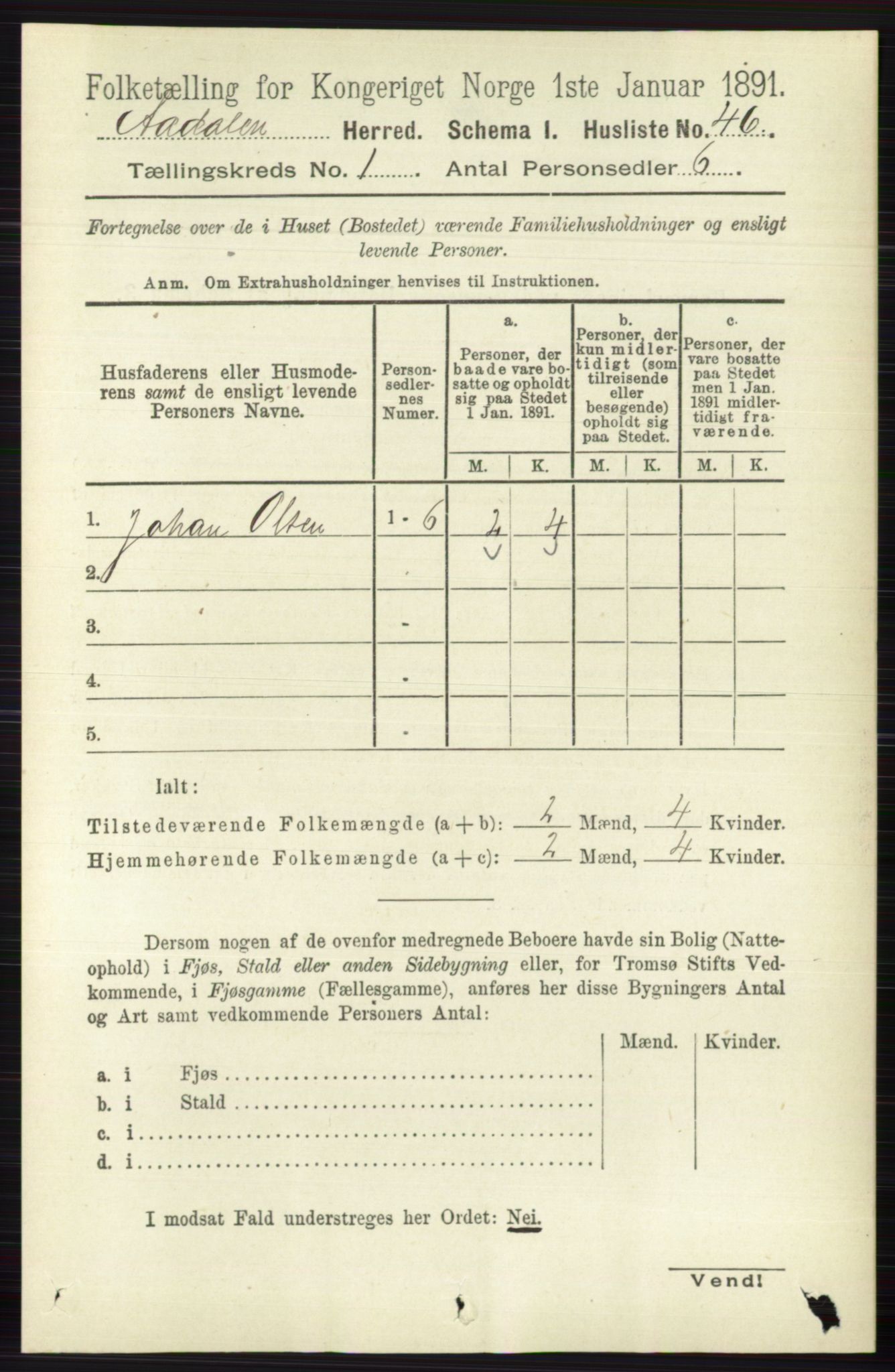 RA, 1891 census for 0614 Ådal, 1891, p. 69