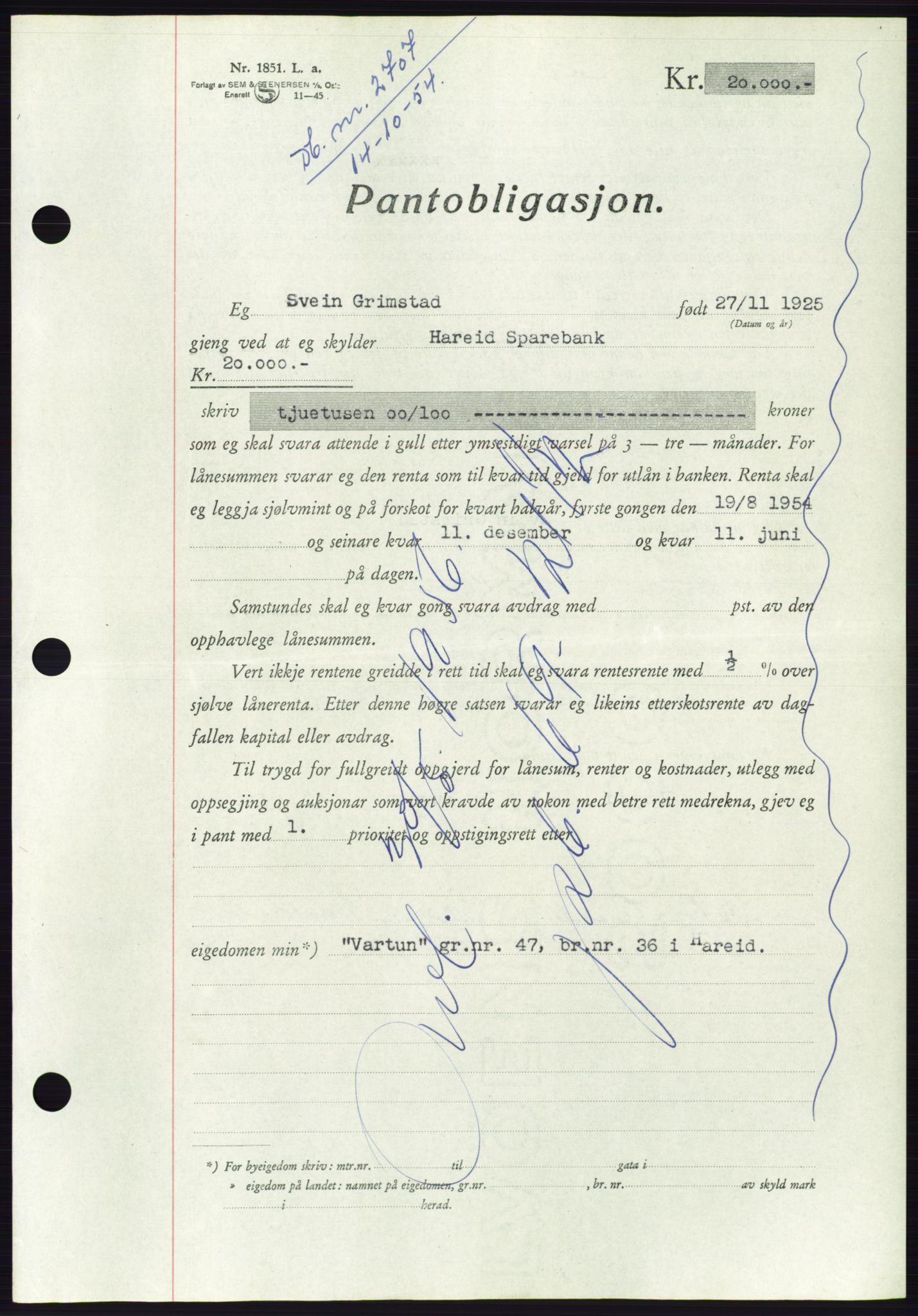 Søre Sunnmøre sorenskriveri, AV/SAT-A-4122/1/2/2C/L0126: Mortgage book no. 14B, 1954-1955, Diary no: : 2707/1954