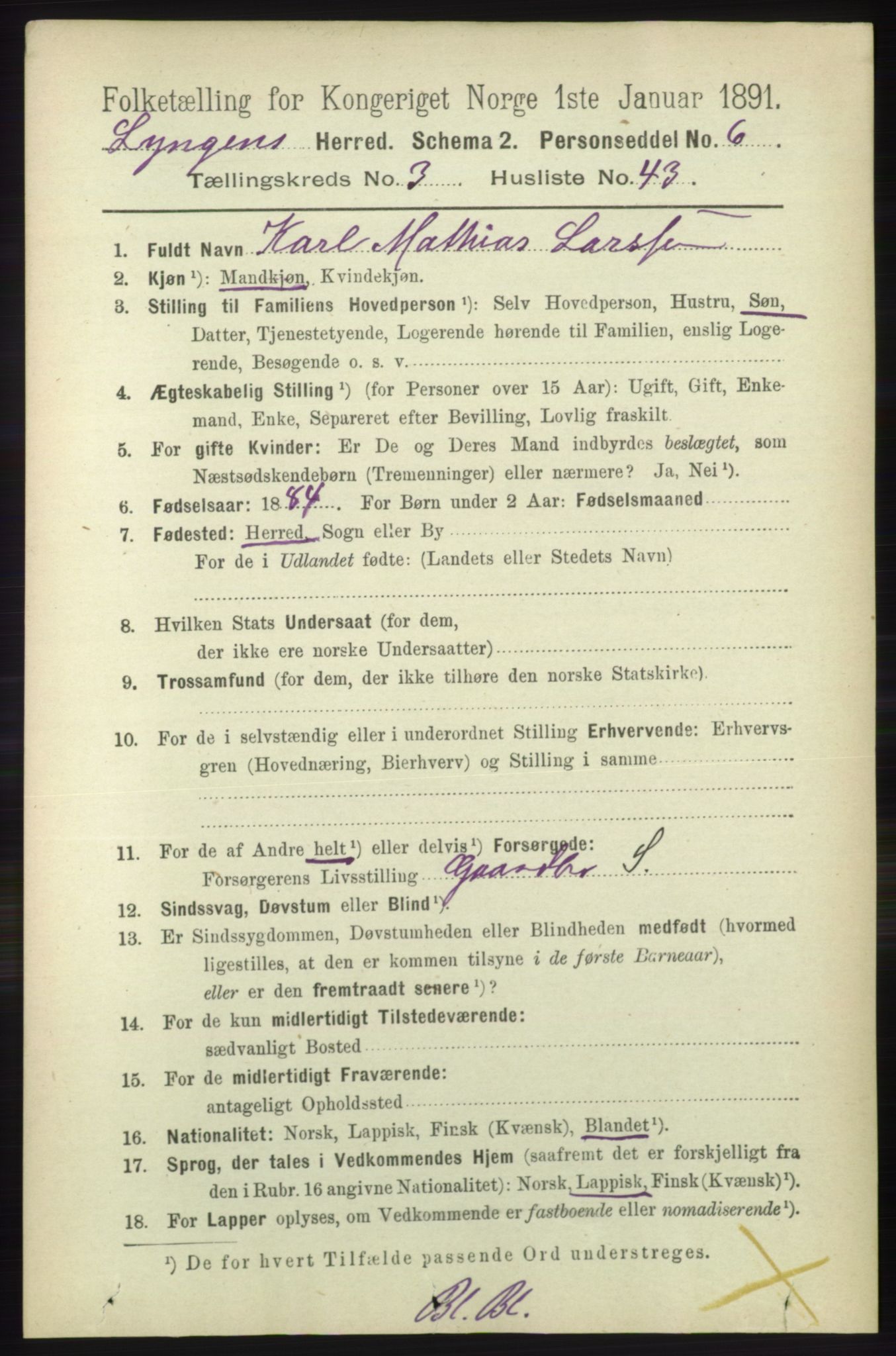 RA, 1891 census for 1938 Lyngen, 1891, p. 3432