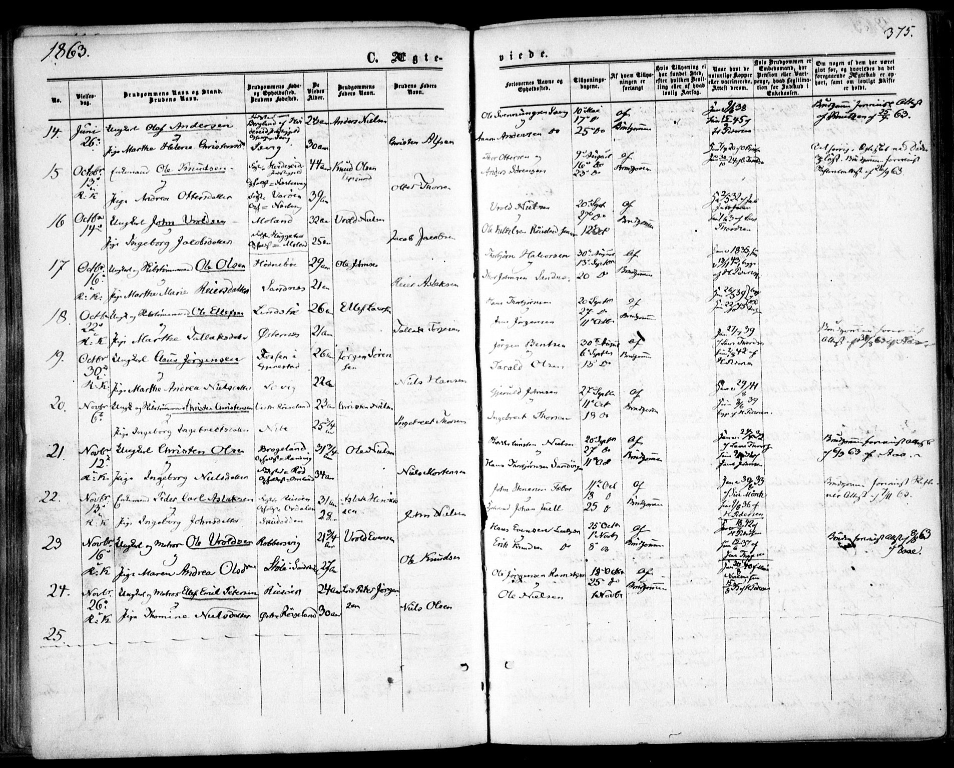 Søndeled sokneprestkontor, SAK/1111-0038/F/Fa/L0003: Parish register (official) no. A 3, 1861-1879, p. 375