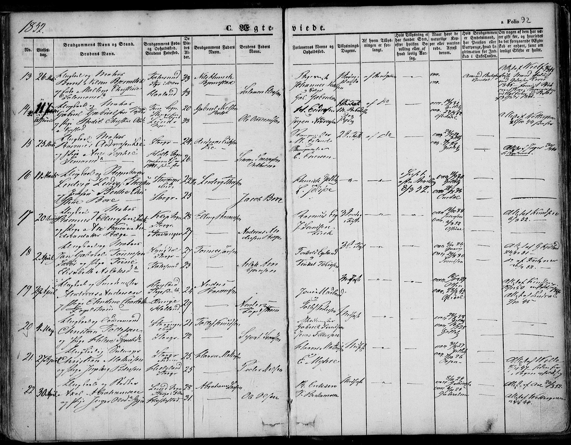 Domkirken sokneprestkontor, AV/SAST-A-101812/001/30/30BA/L0015: Parish register (official) no. A 14, 1842-1857, p. 92