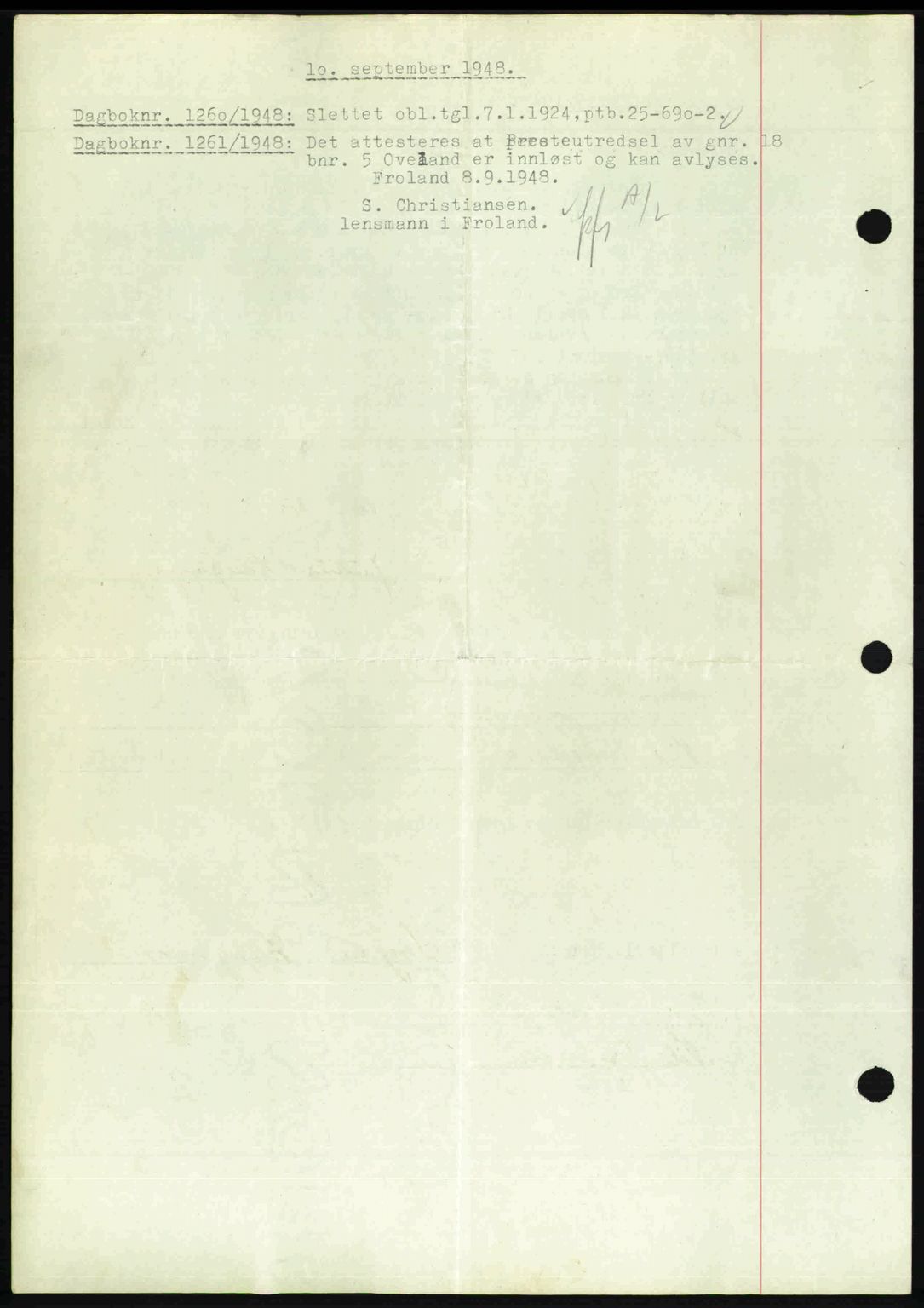 Nedenes sorenskriveri, SAK/1221-0006/G/Gb/Gba/L0059: Mortgage book no. A11, 1948-1948, Diary no: : 1260/1948
