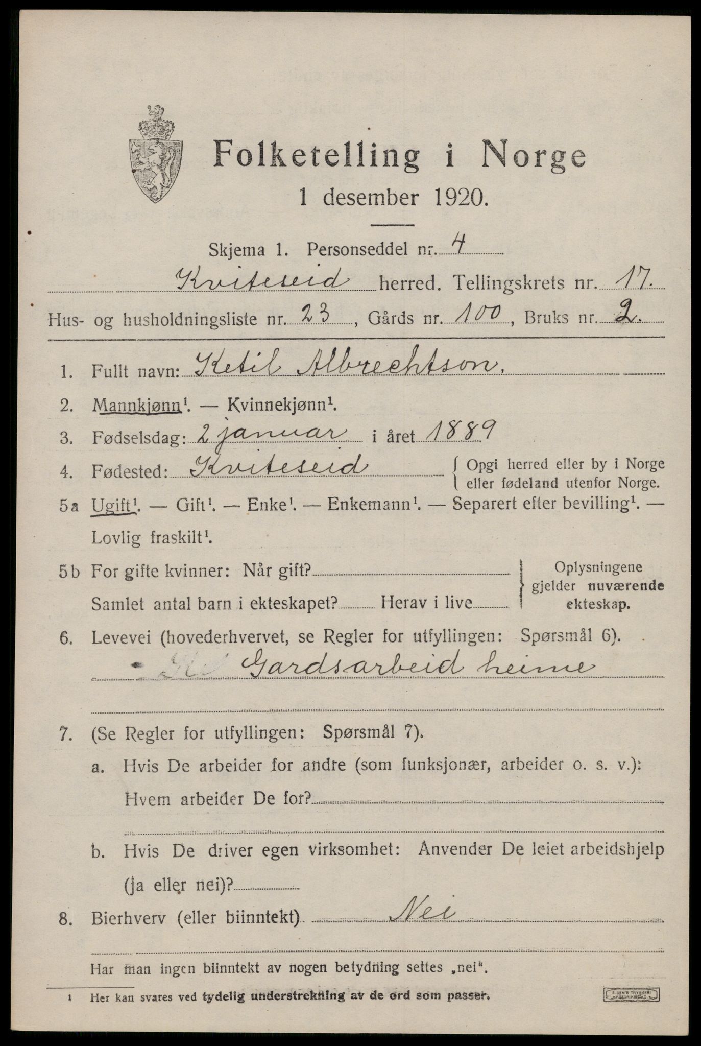 SAKO, 1920 census for Kviteseid, 1920, p. 7957