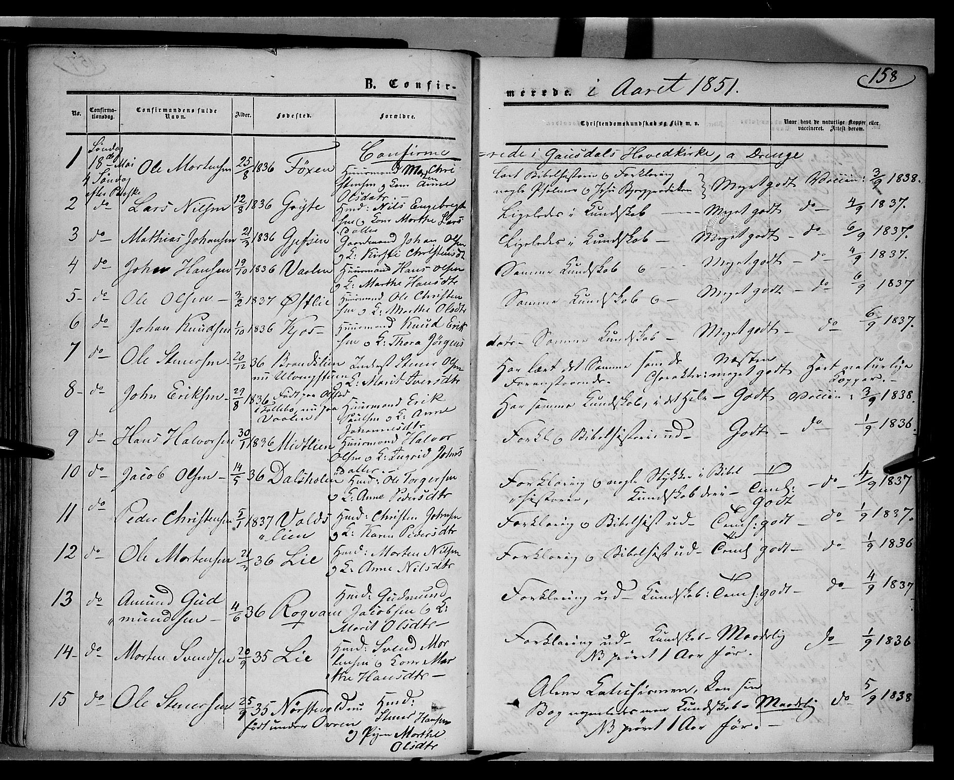 Gausdal prestekontor, SAH/PREST-090/H/Ha/Haa/L0008: Parish register (official) no. 8, 1850-1861, p. 158