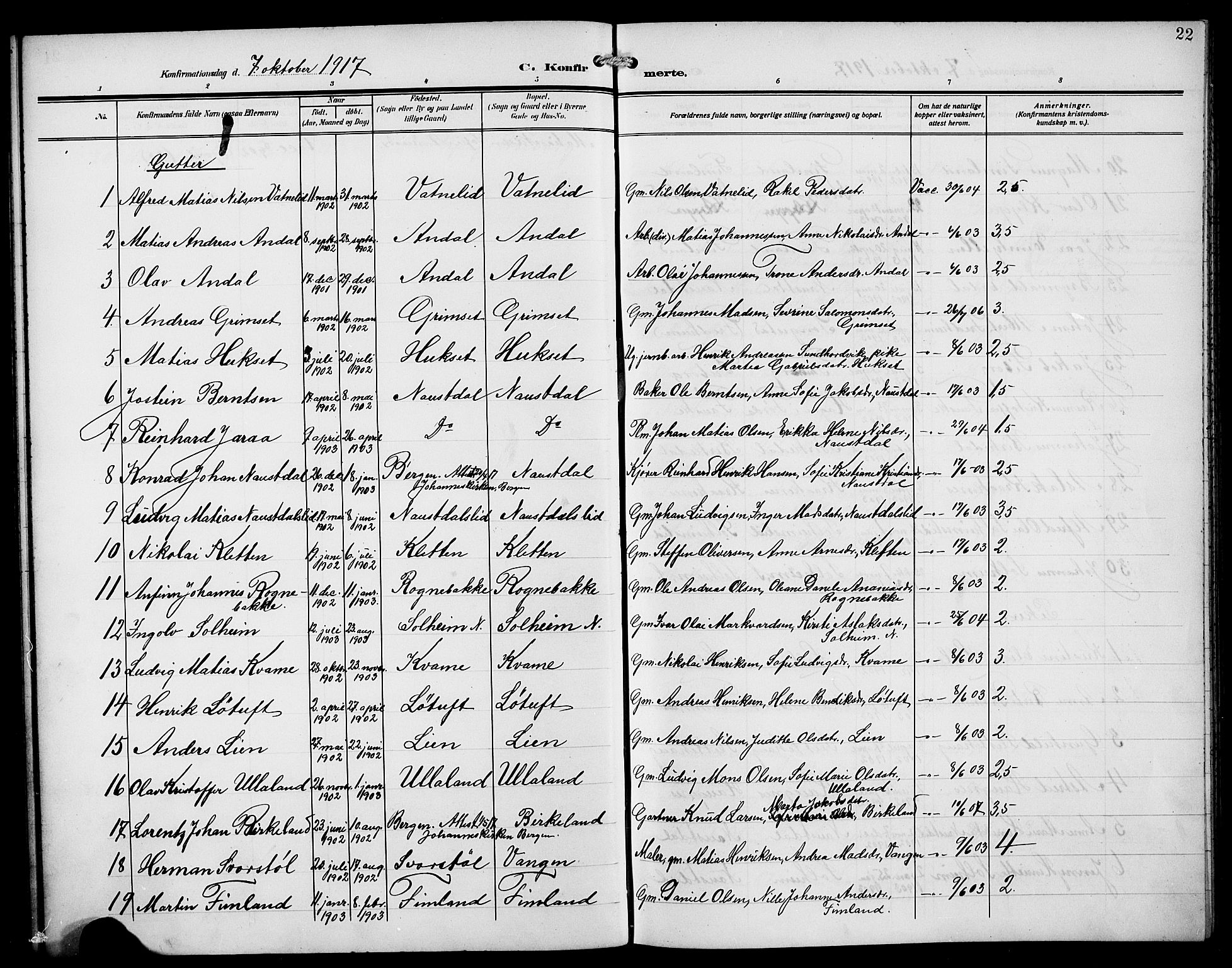 Førde sokneprestembete, AV/SAB-A-79901/H/Hab/Habd/L0007: Parish register (copy) no. D 7, 1912-1922, p. 22