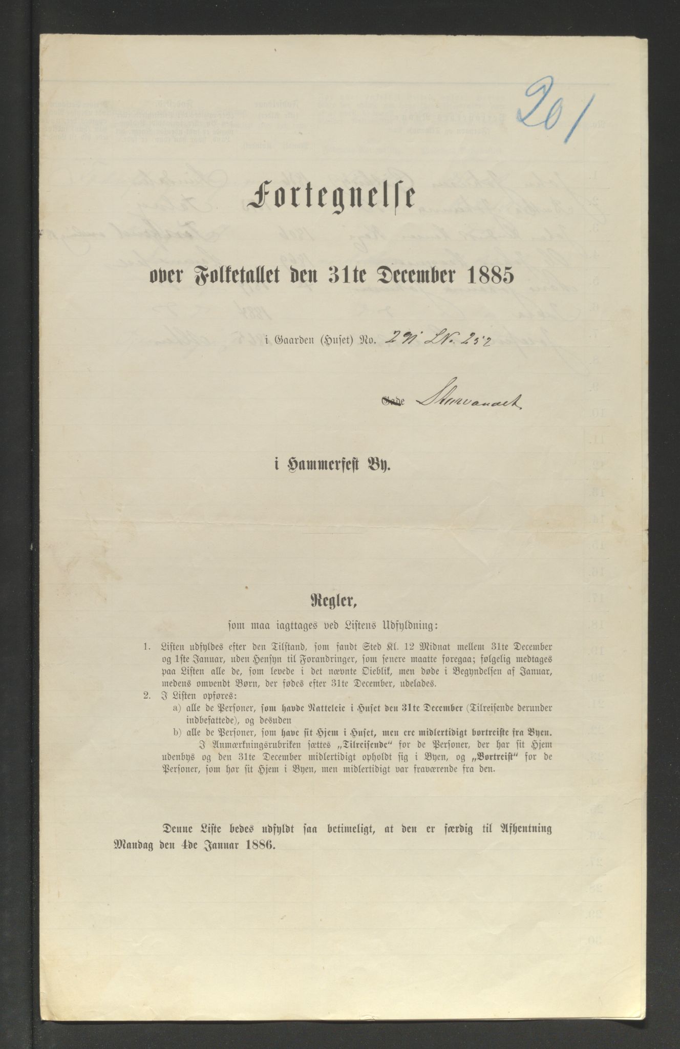 SATØ, 1885 census for 2001 Hammerfest, 1885, p. 201a