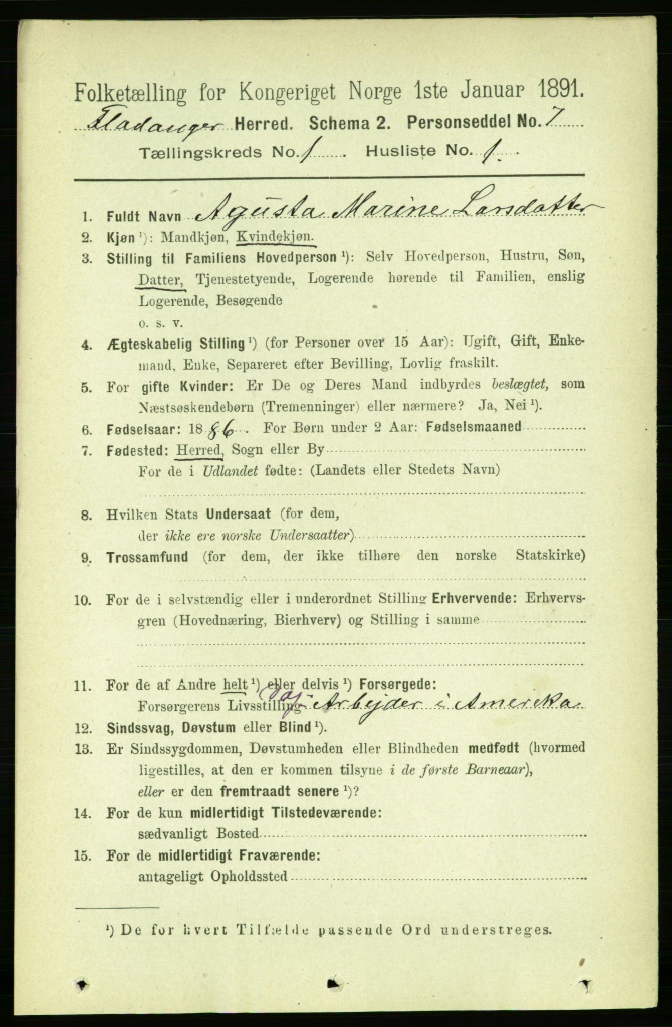 RA, 1891 census for 1749 Flatanger, 1891, p. 109