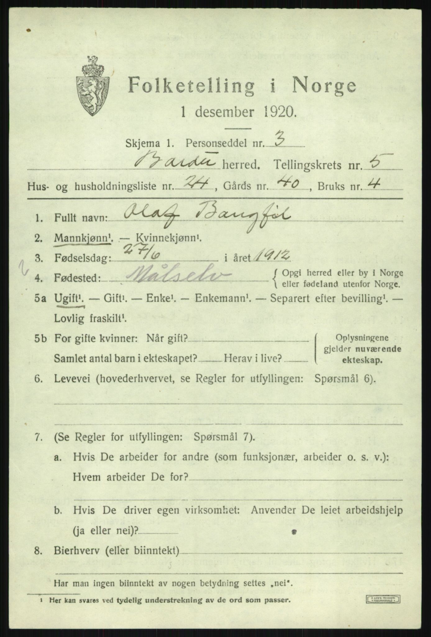 SATØ, 1920 census for Bardu, 1920, p. 2460