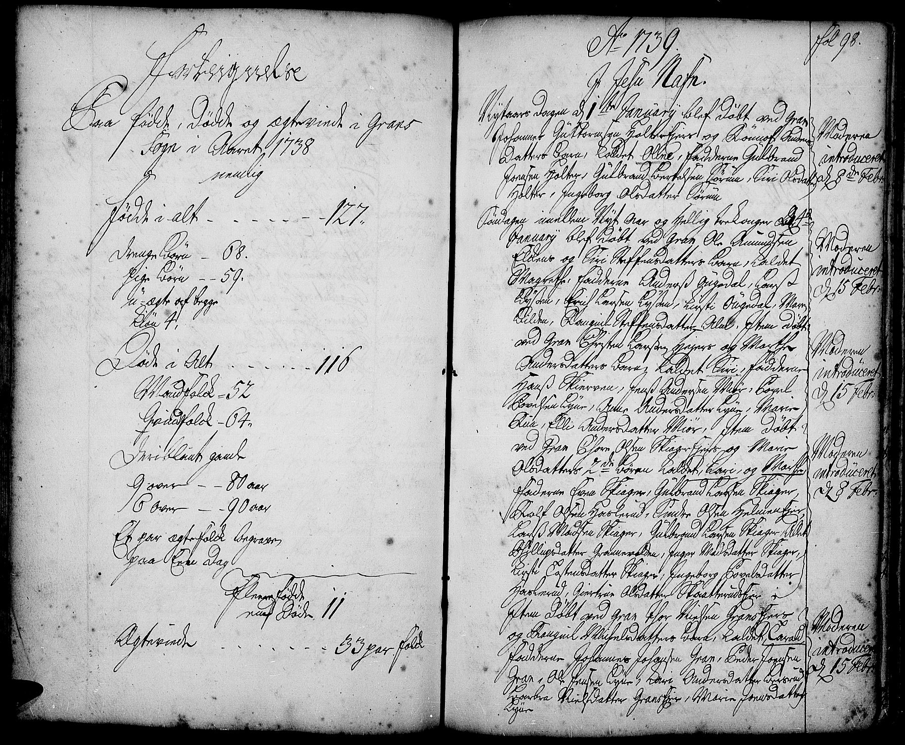 Gran prestekontor, SAH/PREST-112/H/Ha/Haa/L0002: Parish register (official) no. 2, 1732-1744, p. 98