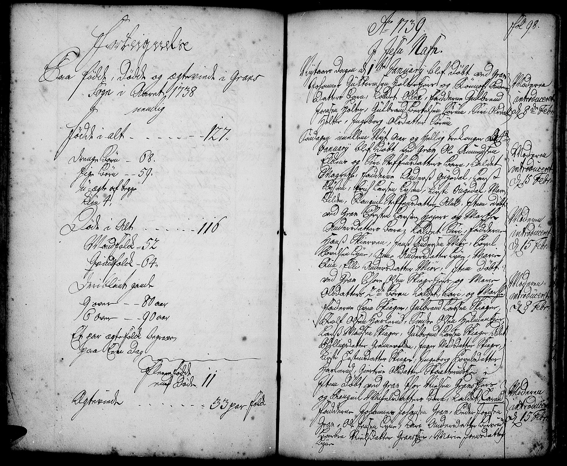 Gran prestekontor, AV/SAH-PREST-112/H/Ha/Haa/L0002: Parish register (official) no. 2, 1732-1744, p. 98