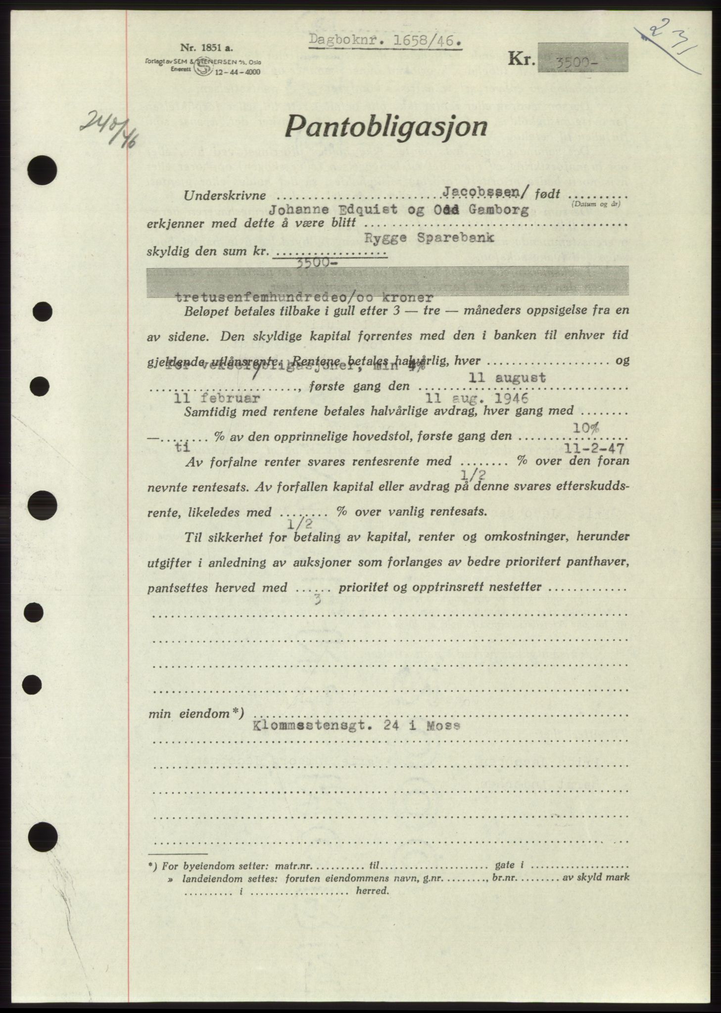 Moss sorenskriveri, AV/SAO-A-10168: Mortgage book no. B15, 1946-1946, Diary no: : 1658/1946