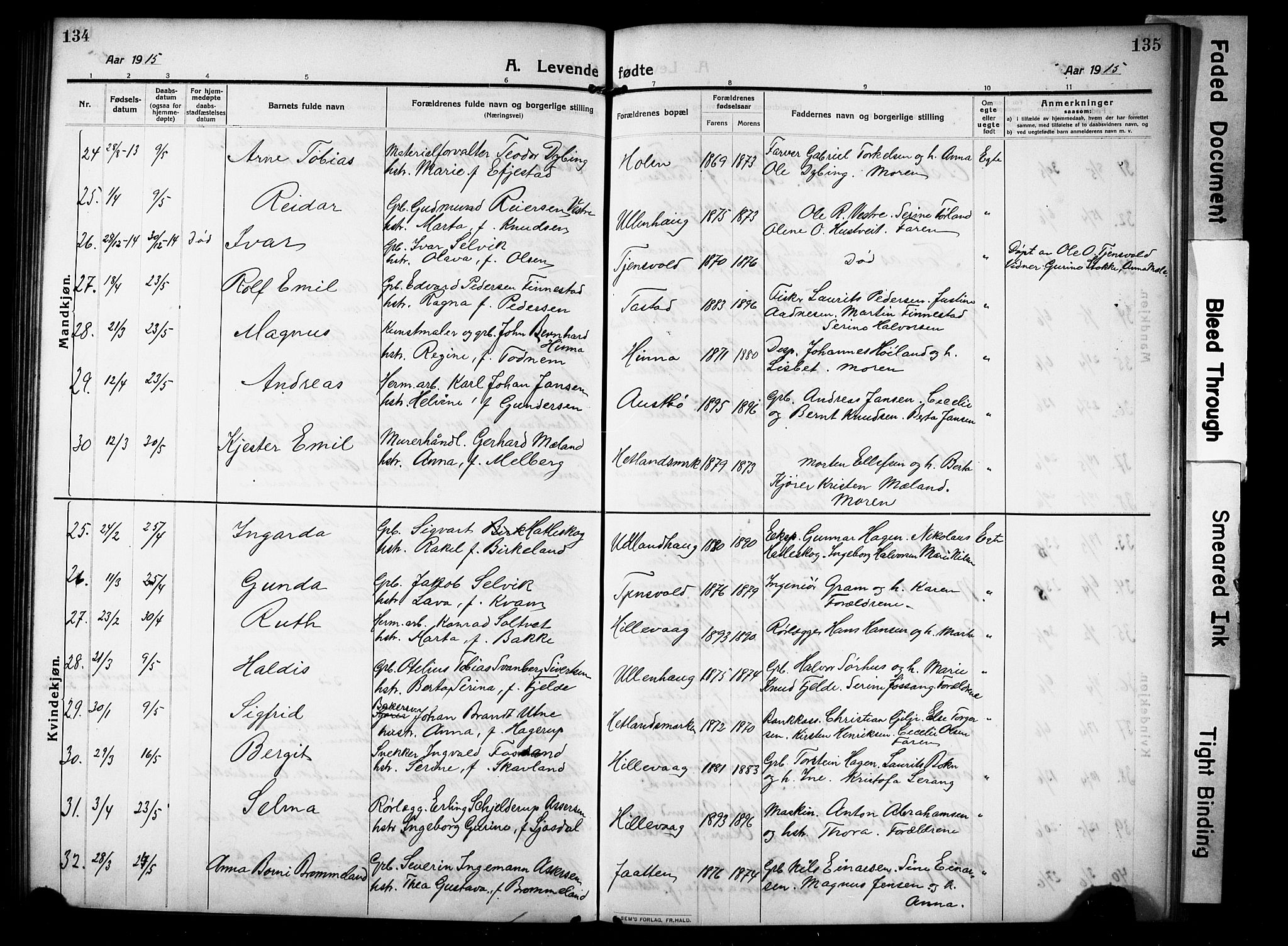 Hetland sokneprestkontor, AV/SAST-A-101826/30/30BB/L0008: Parish register (copy) no. B 8, 1910-1921, p. 134-135