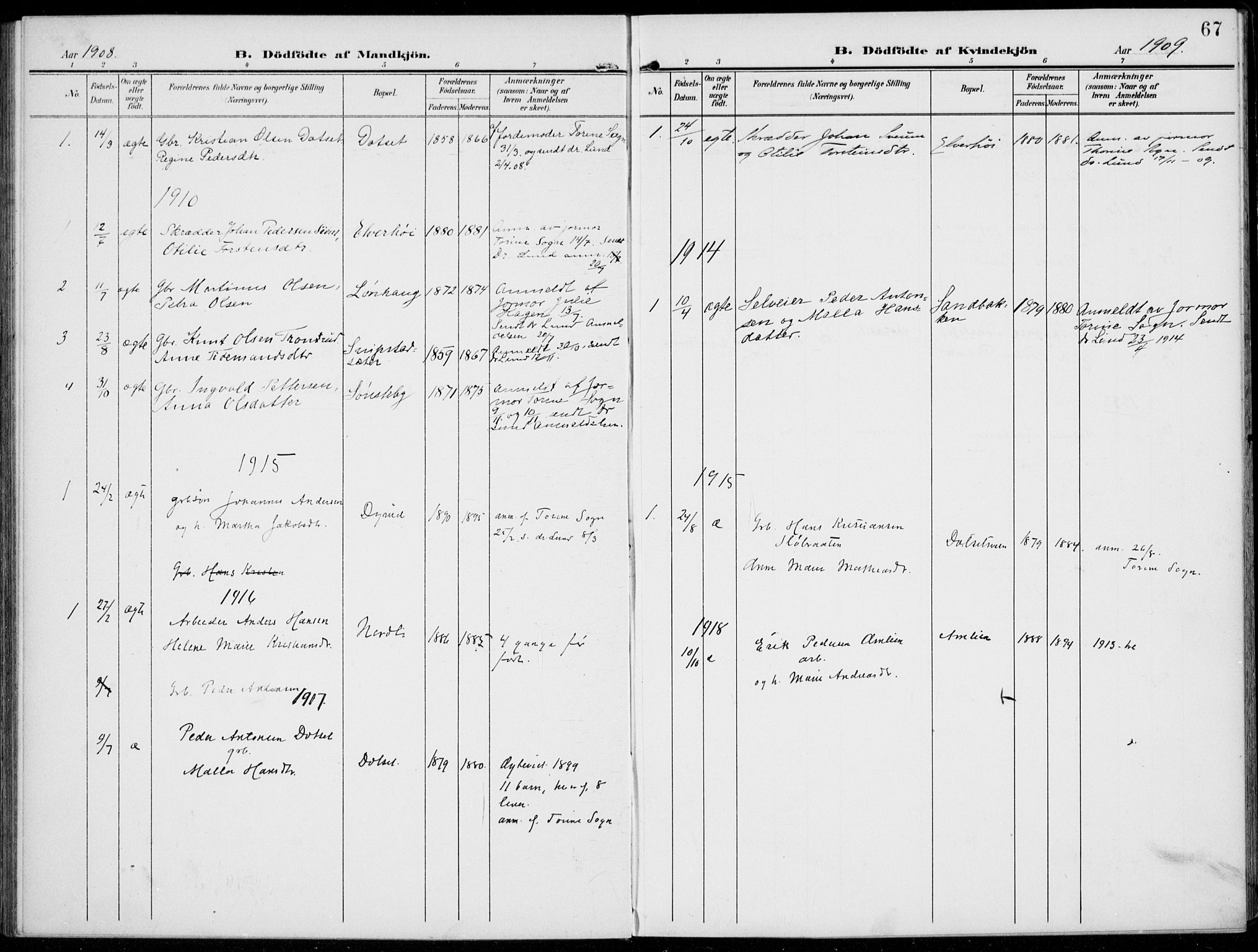 Kolbu prestekontor, SAH/PREST-110/H/Ha/Haa/L0001: Parish register (official) no. 1, 1907-1923, p. 67