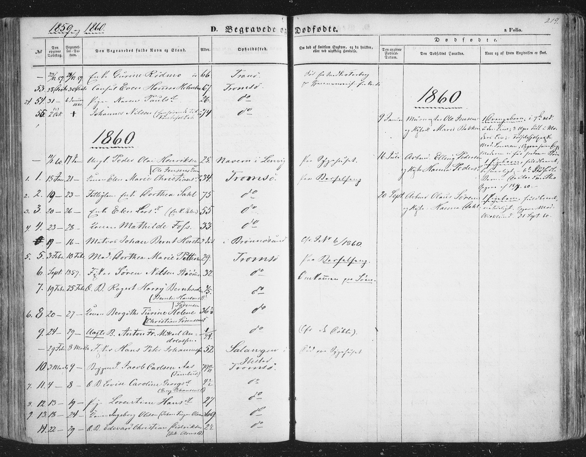 Tromsø sokneprestkontor/stiftsprosti/domprosti, AV/SATØ-S-1343/G/Ga/L0011kirke: Parish register (official) no. 11, 1856-1865, p. 219