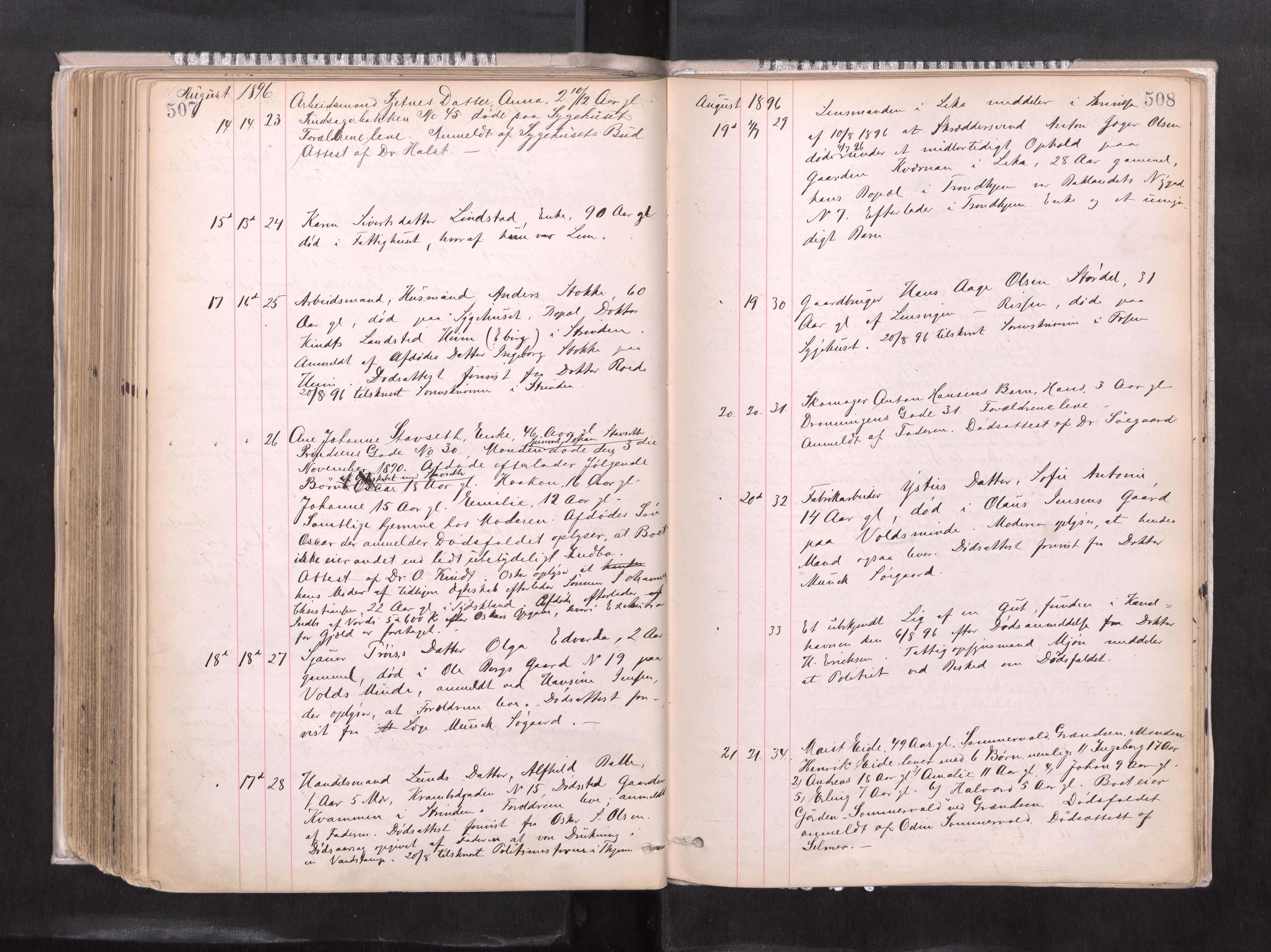 Trondheim byfogd, AV/SAT-A-0003/1/3/3L/L0004: Dødsanmeldelsesprotokoll, 1891-1897, p. 507-508