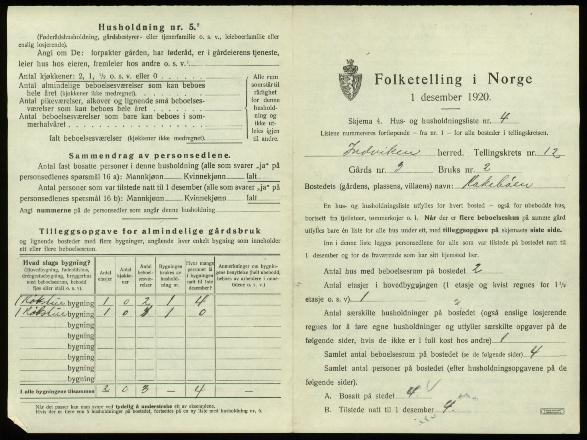 SAB, 1920 census for Innvik, 1920, p. 702